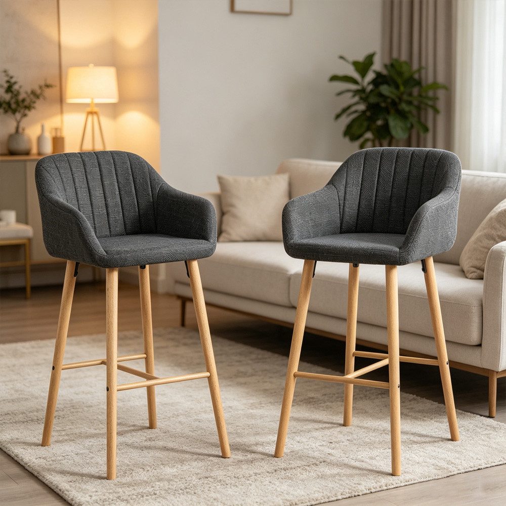 REDOM Barhocker Set aus zwei modernen Barhockern mit Armlehnen und hoher Rückenlehne (bequeme Leinen-Sitze, stabile Holzbeine), Barstühle Küchenstühle