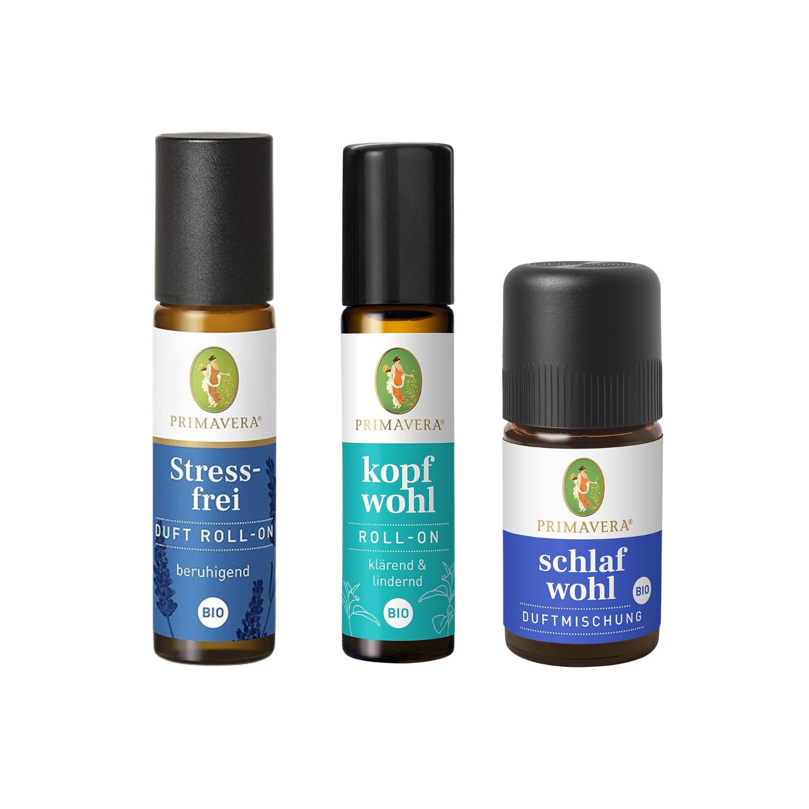 Primavera Körperöl PRIMAVERA Stressfrei Set – Duftöl, Roll-On & Bad, Bio & Vegan, 3-tlg.