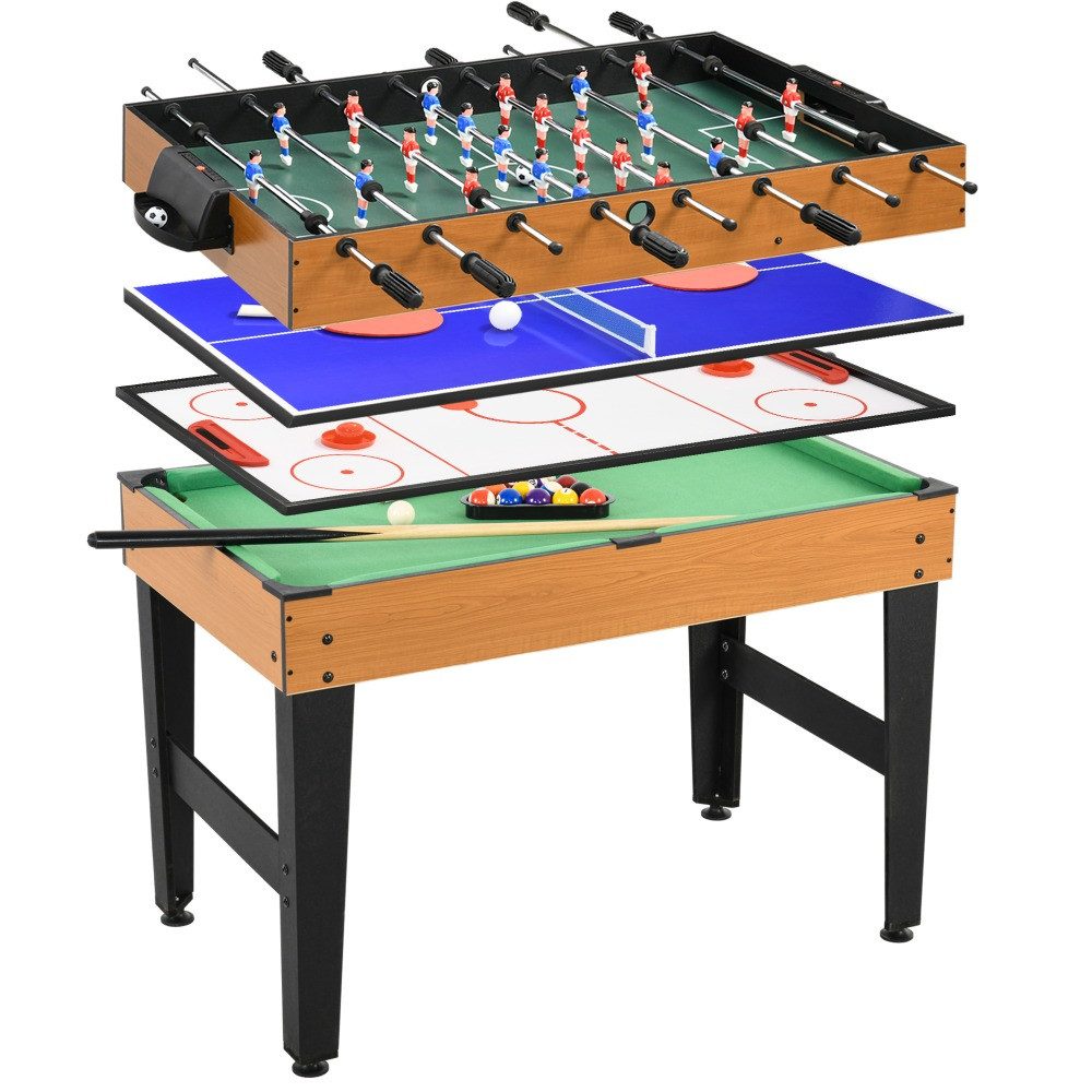 MIBODE Spieltisch 4-in-1 Multispieltisch Naturholz-Schwarz Kicker Billard