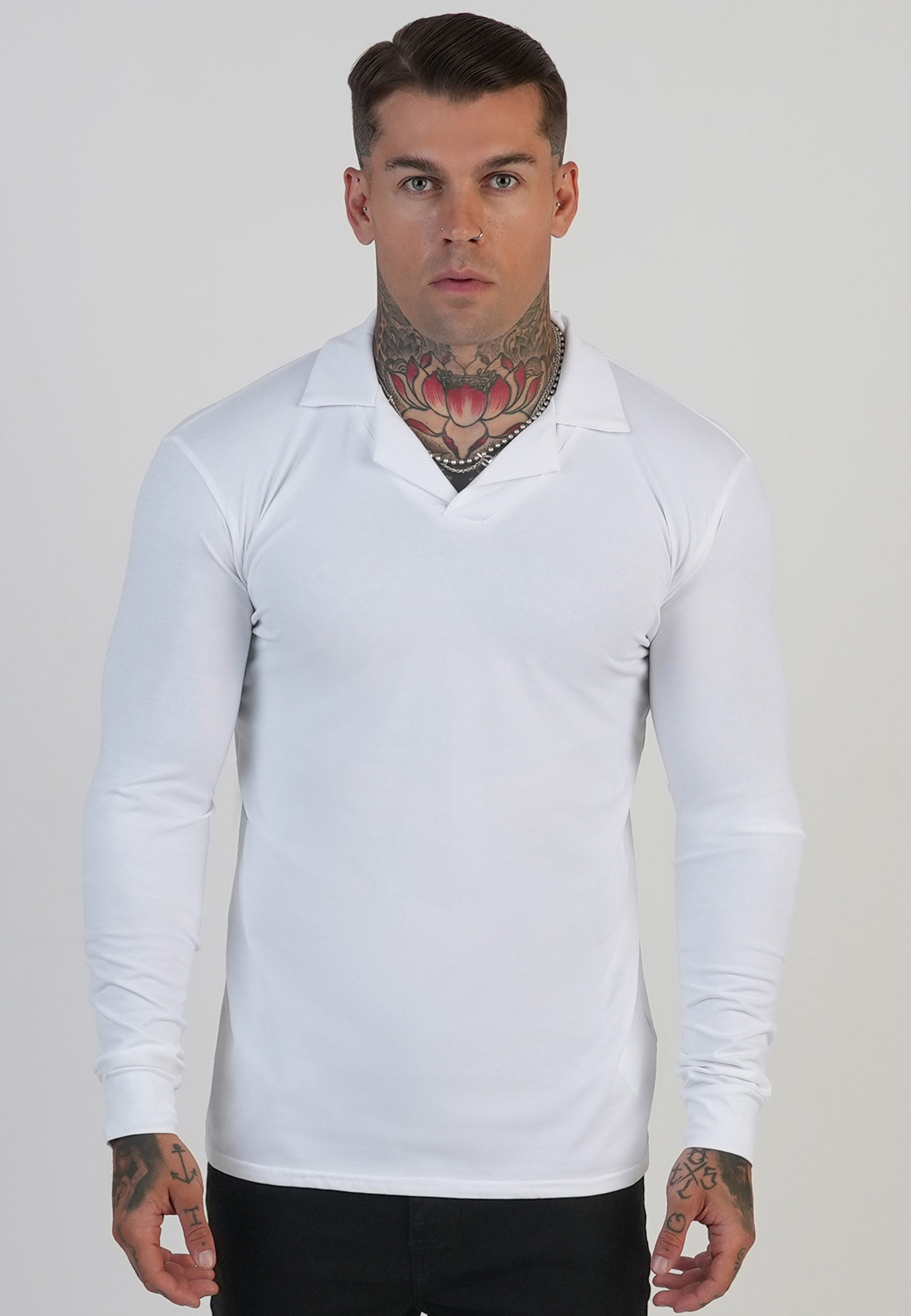 T-Shirt SikSilk Herren Weißes Langarm Revere-Polo