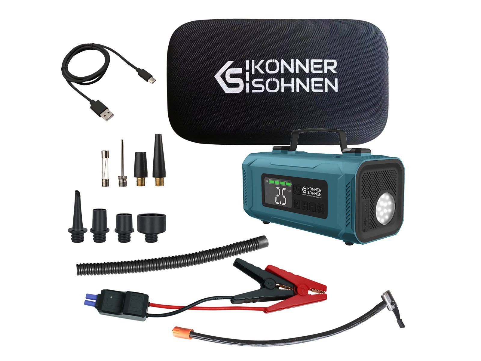 Könner & Söhnen KS JSP-2000 Car Battery Charger (Lithium-ion battery 14800 mAh, 1-piece, pneumatic pressure 140 psi, inflation speed 22 l/min, digital display, emergency LED flashlight, power bank)