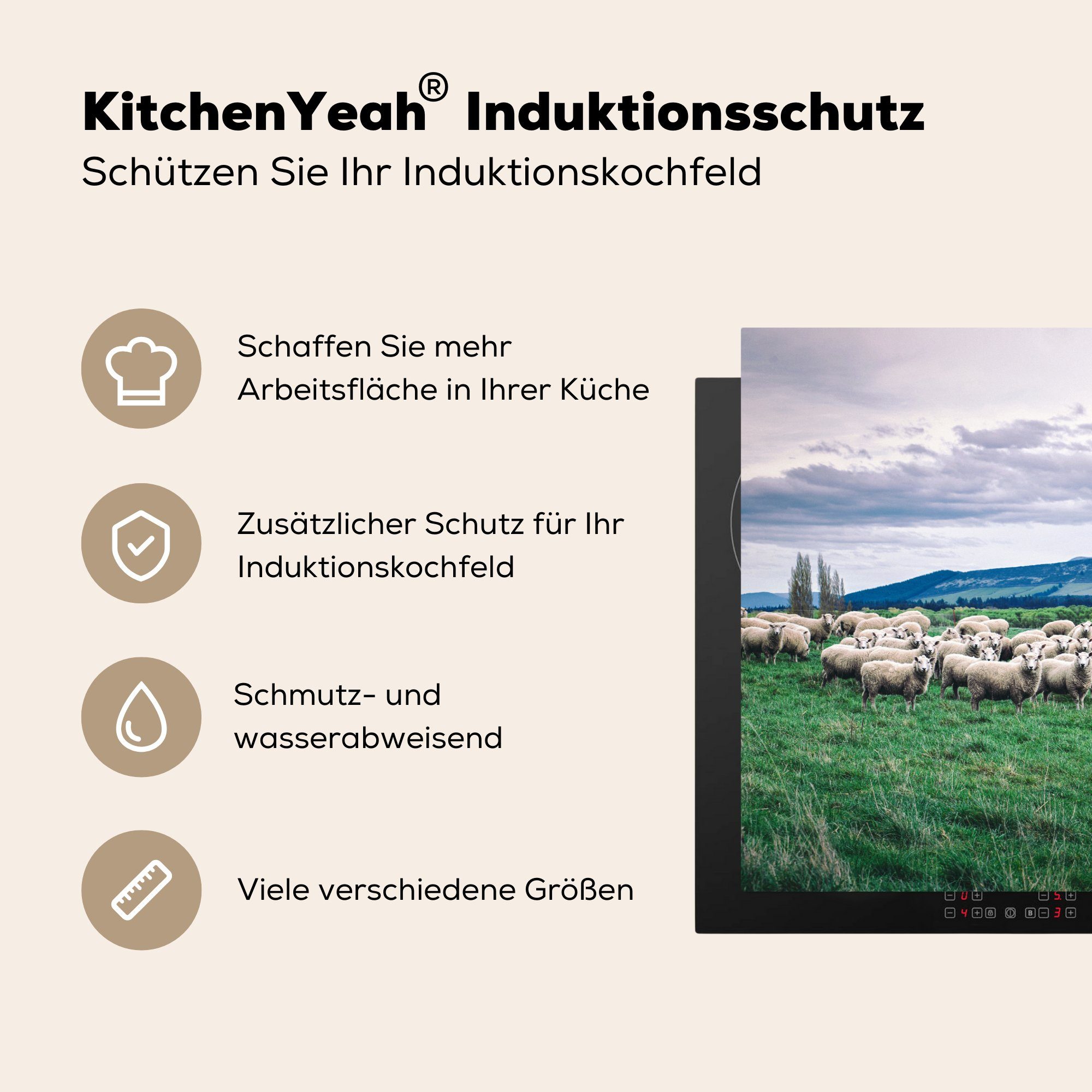 cm, tlg), Schafe MuchoWow küche, Induktionskochfeld - Schutz Vinyl, Natur für Ceranfeldabdeckung - die Gras, 81x52 Herdblende-/Abdeckplatte (1
