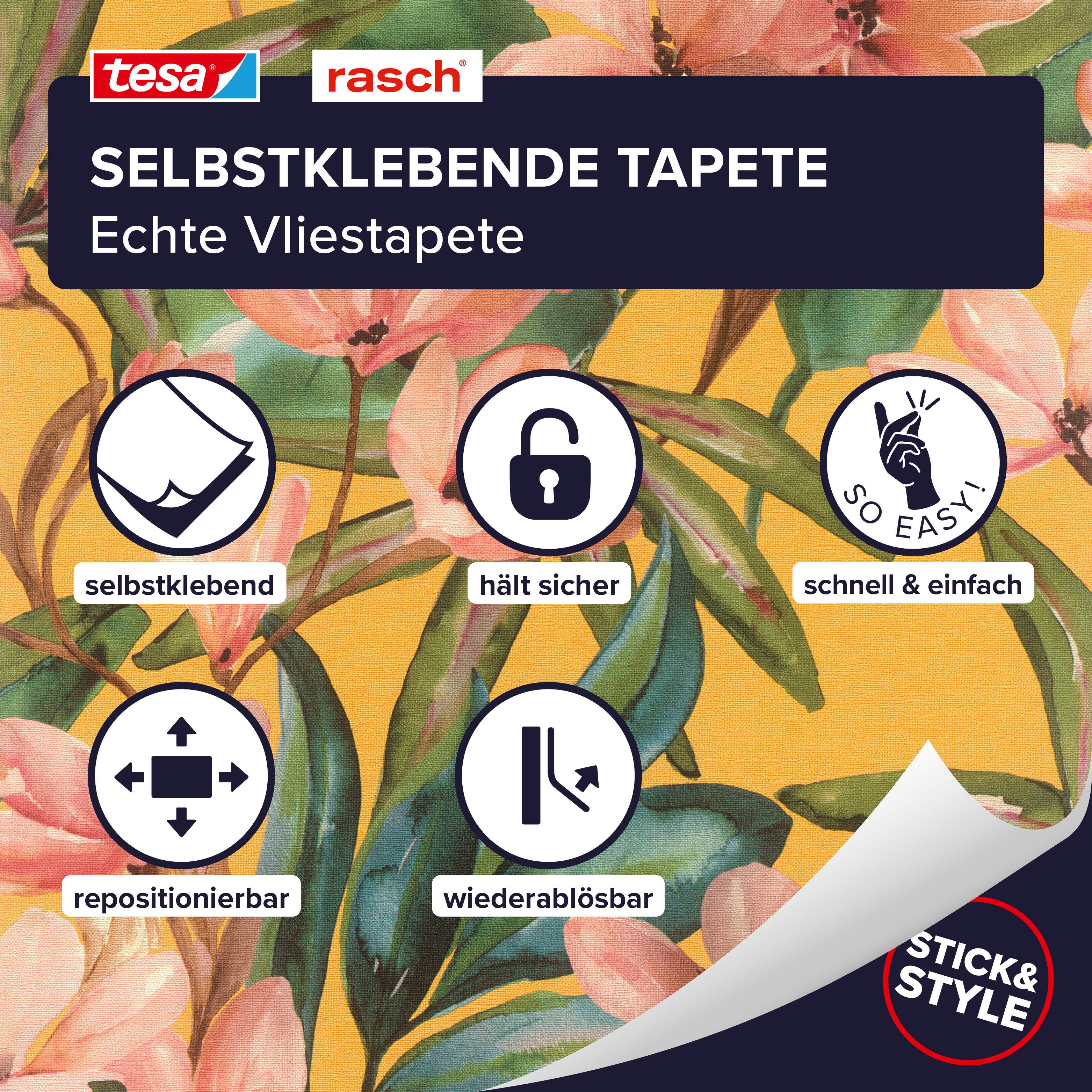 Rasch Vliestapete Magnolia - Selbstklebende Tapete Blumen von tesa® x rasch®, strukturiert, floral, geblümt, botanisch, (1 St), selbstklebend, 6,00m x 0,53m