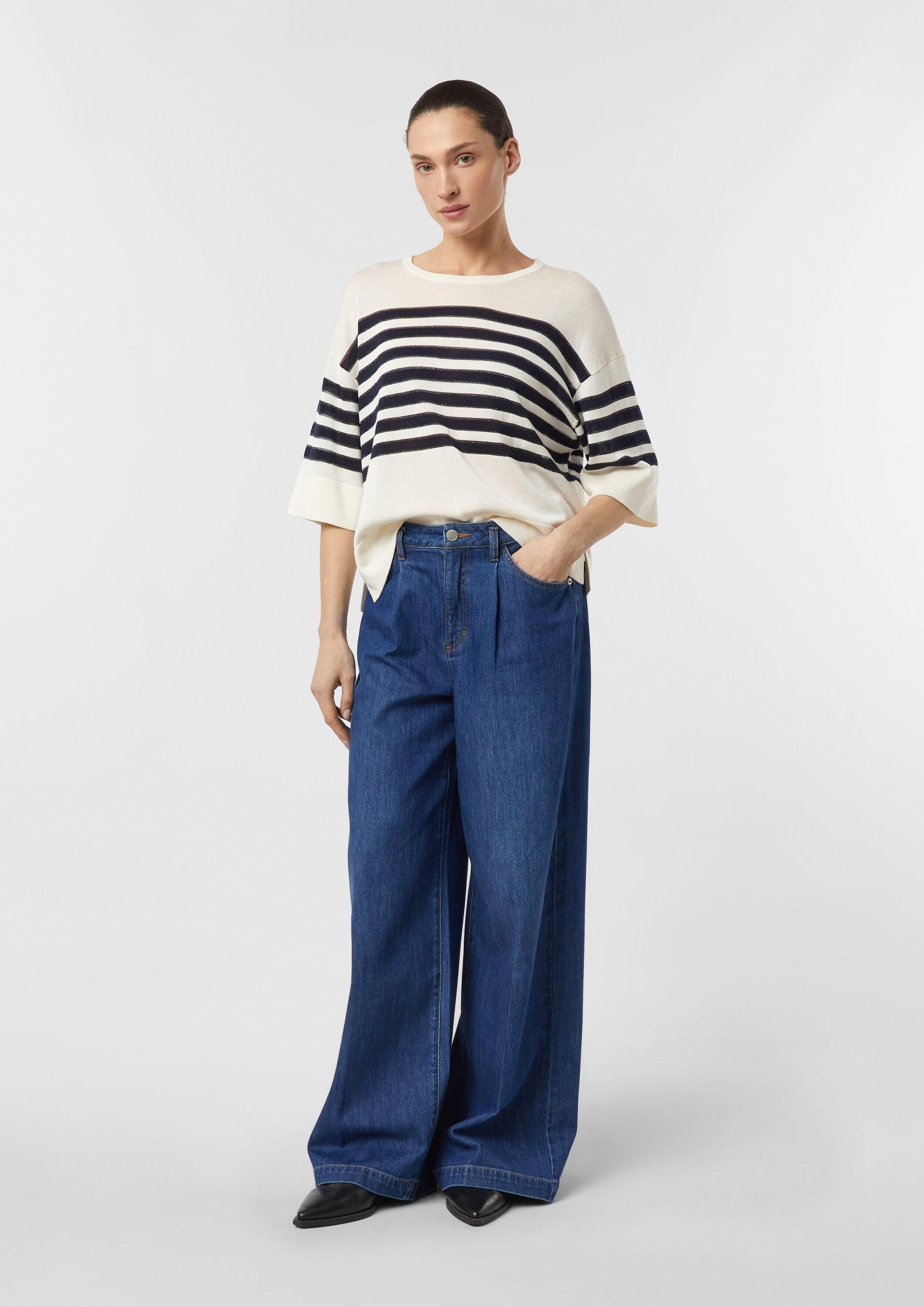 comma Kurzarmpullover Strickpullover Gestreifter Feinstrickpullover mit dezentem Glitzergarn