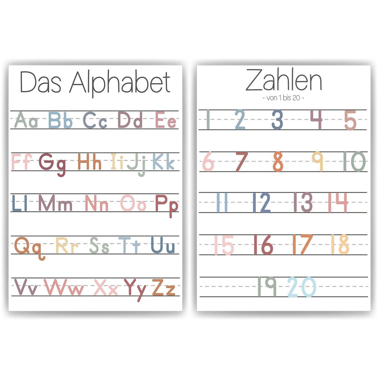 Tigerlino Poster ABC Kinderposter 2er Set Alphabet Lernposter Buchstaben &  Zahlen