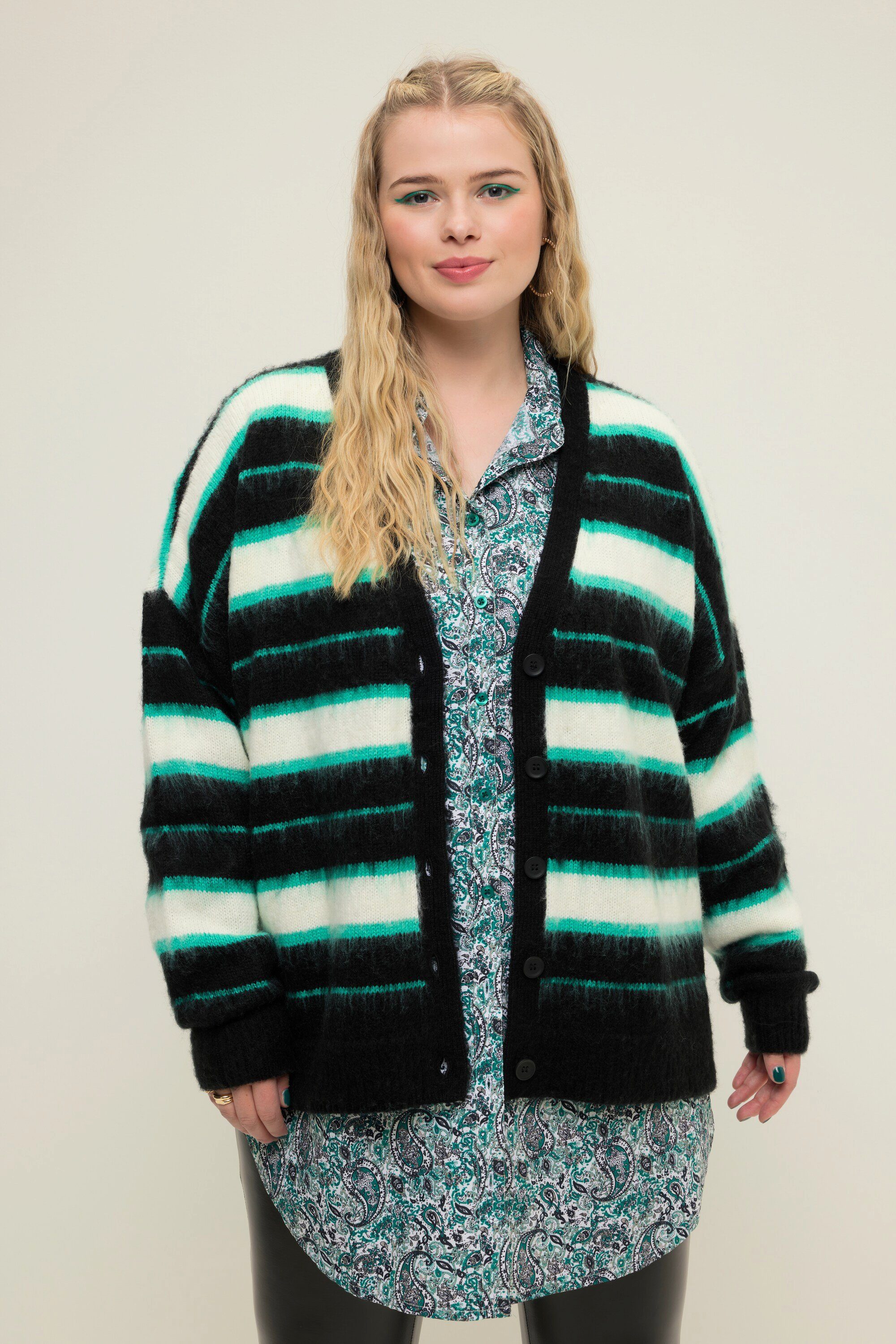 Strickjacke Strickjacke oversized Streifen V-Ausschnitt