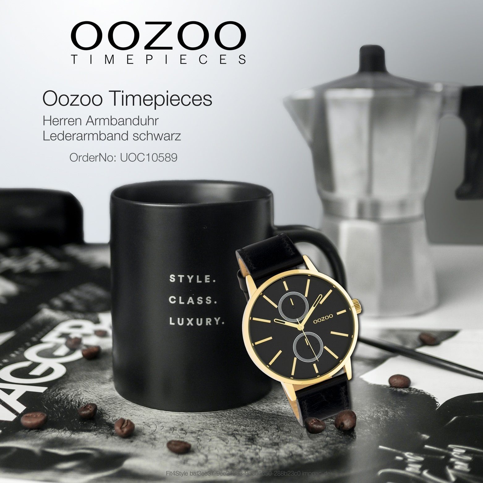 rund, Fashion-Style Herren (ca. Oozoo groß OOZOO Armbanduhr Lederarmband, Herrenuhr 42mm) Analog, schwarz Quarzuhr