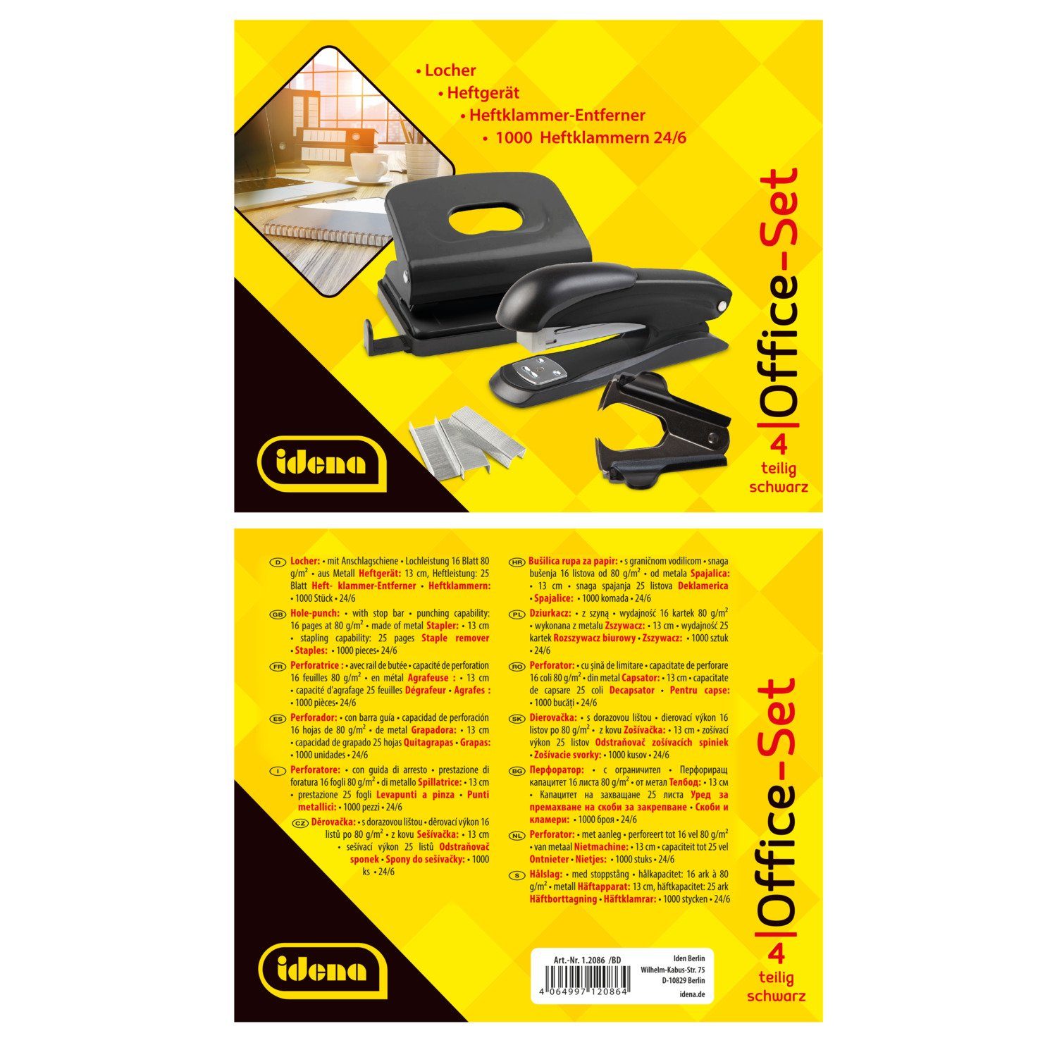 Idena Lochstanzer Idena 12086 - Office Set 4-teilig, Locher, Heftgerät, Heftklammer-Entf