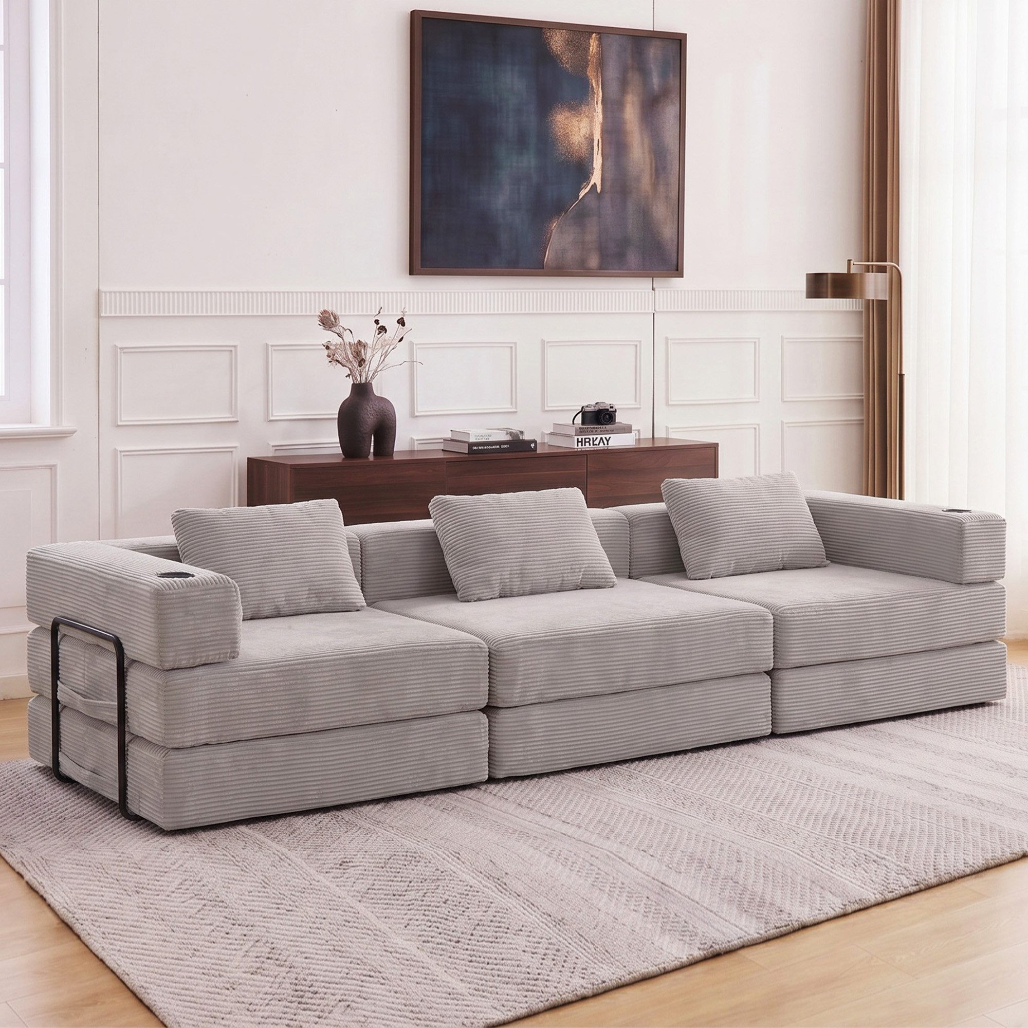 Sinaopus Sofa 3-Sitzer Sofa mit Schlaffunktion aus Cord, modular 294 cm, Schlafsofa mit Federkern, Kissen und Liegefunktion ohne Montage