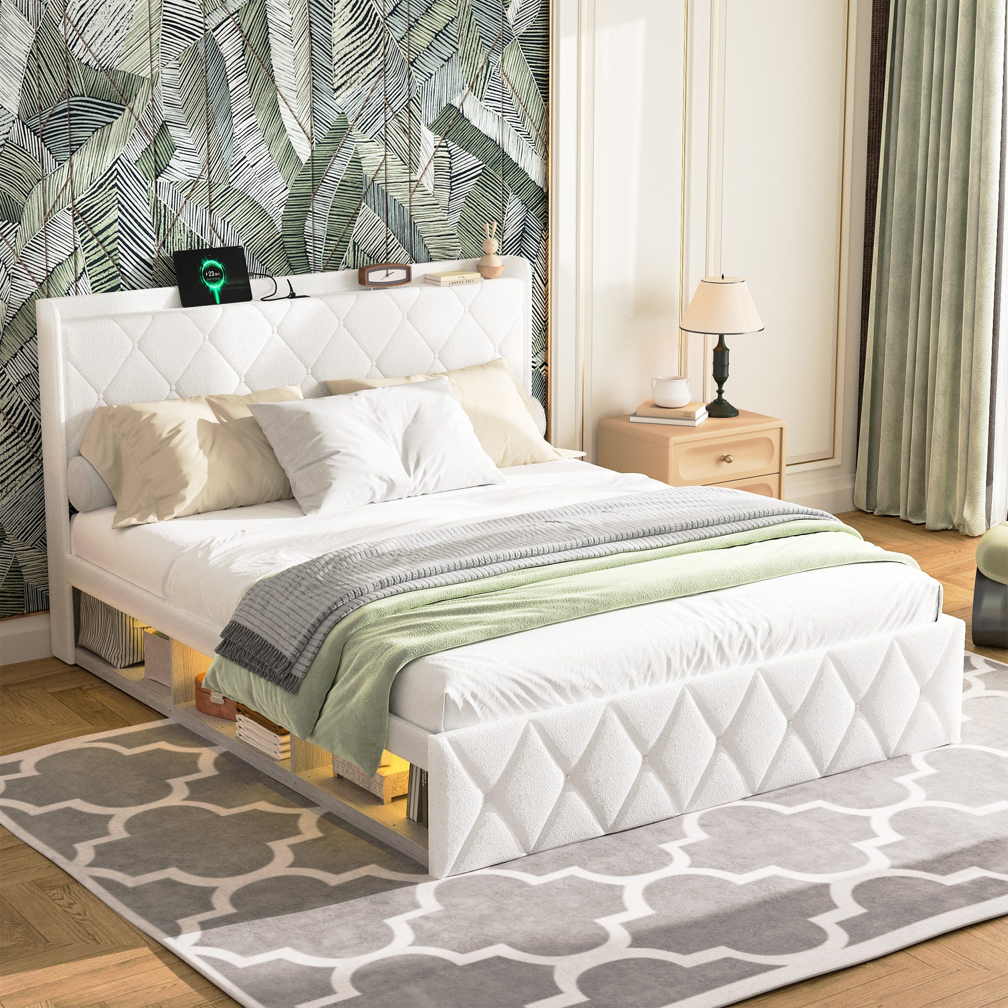 REDOM Polsterbett 140x200 cm mit USB und LED-Beleuchtung (ohne Matratze, 1-tlg., Weißes Plüsch-Doppelbett, 6 praktische Fächer für viel Stauraum), Stabiles Polsterbett für modernes Schlafzimmer