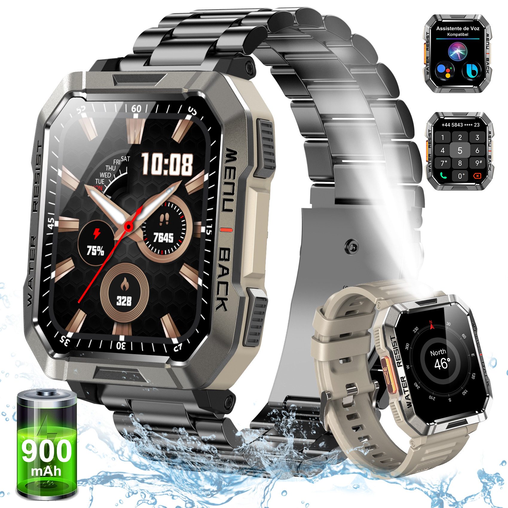 blackview 2026 900-mAh-Akku,Smartwatch Herren Militärqualität,100 Tage Standby Smartwatch (2.01 Zoll, iOS&Android) Packung, 3-tlg., 2 Armbänder / 3 Armbänder und Ladekabel, 2,01", LED Taschenlampe/Kompass/SOS,Schrittzähler, für Android und iOS