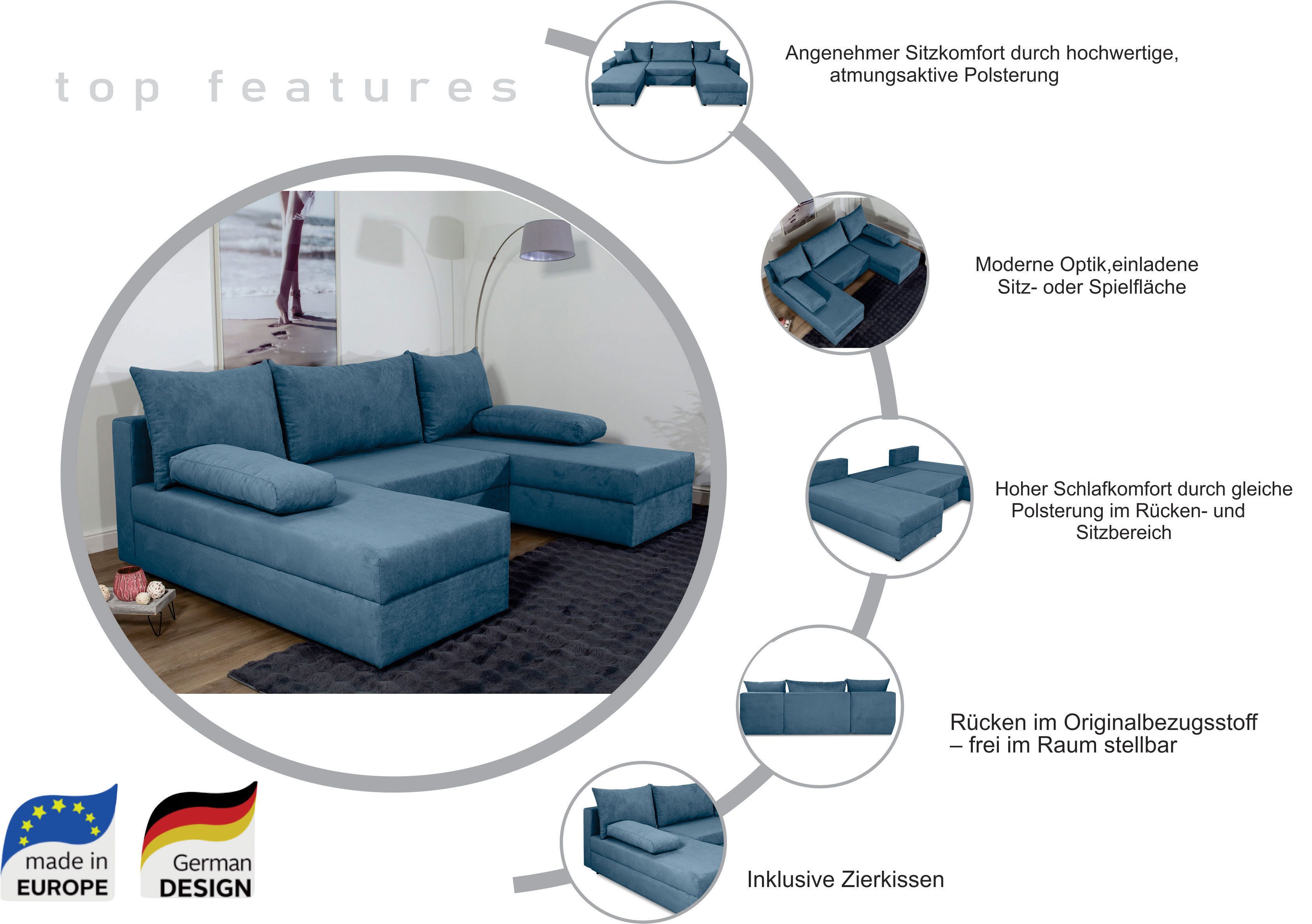 COLLECTION AB Wohnlandschaft Pico U-Form, B: 252 cm, Schlaffunktion, Bettkasten & 2 Zierkissen