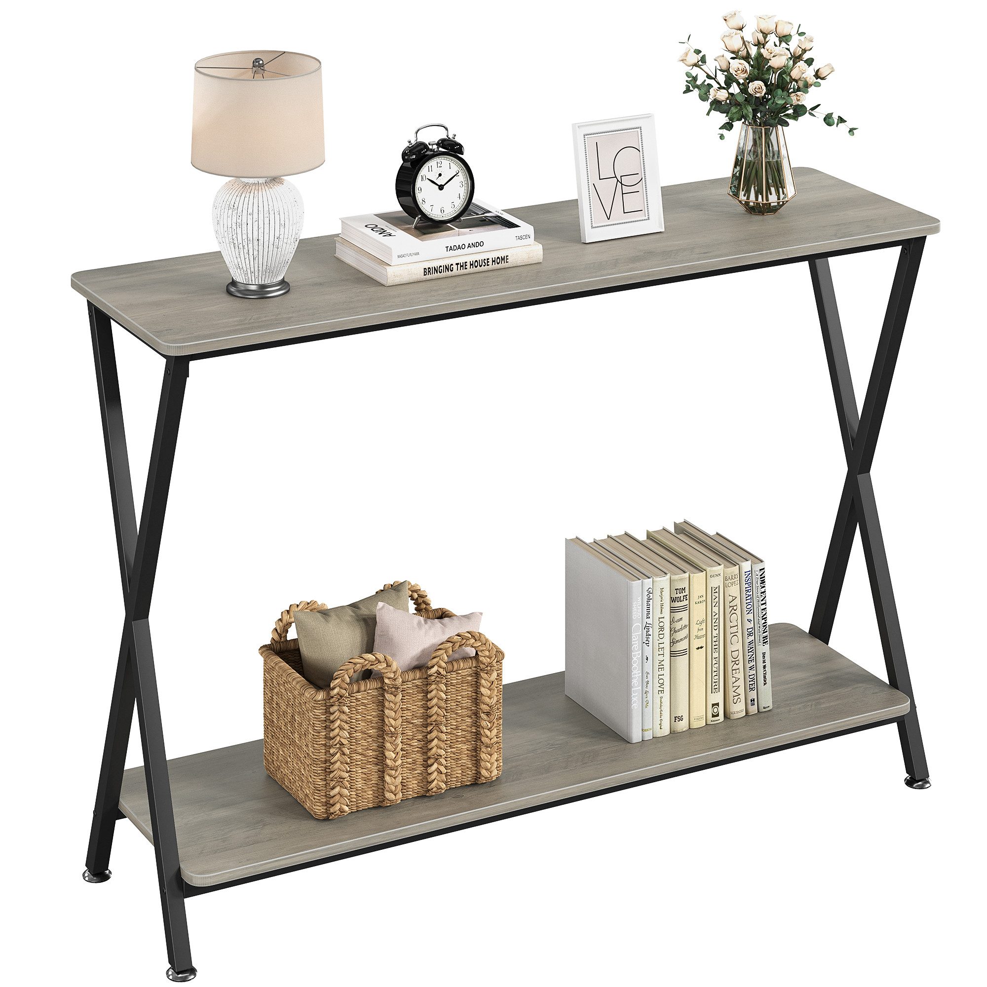 Konsolentisch Schmaler Vintage mit Metallgestell und Ablagen,105 x 30 x 81cm