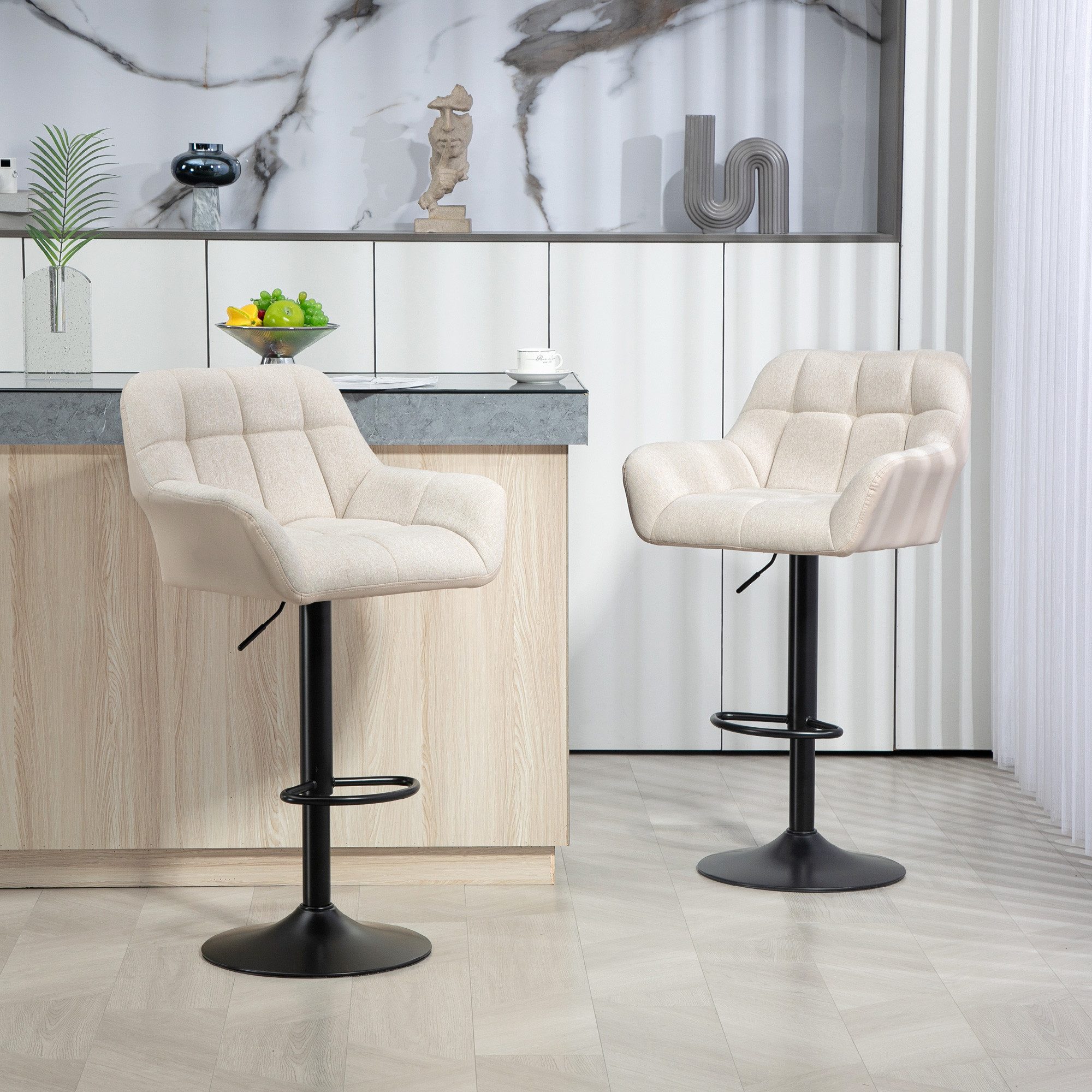 HOMCOM Barhocker Küchenstühle mit Kunstleder, Lehne und Fußstütze für Bartheke (Bistrohocker, 2 St., Barstuhl), Cremeweiß 57,5 x 52,5 x 93-114 cm