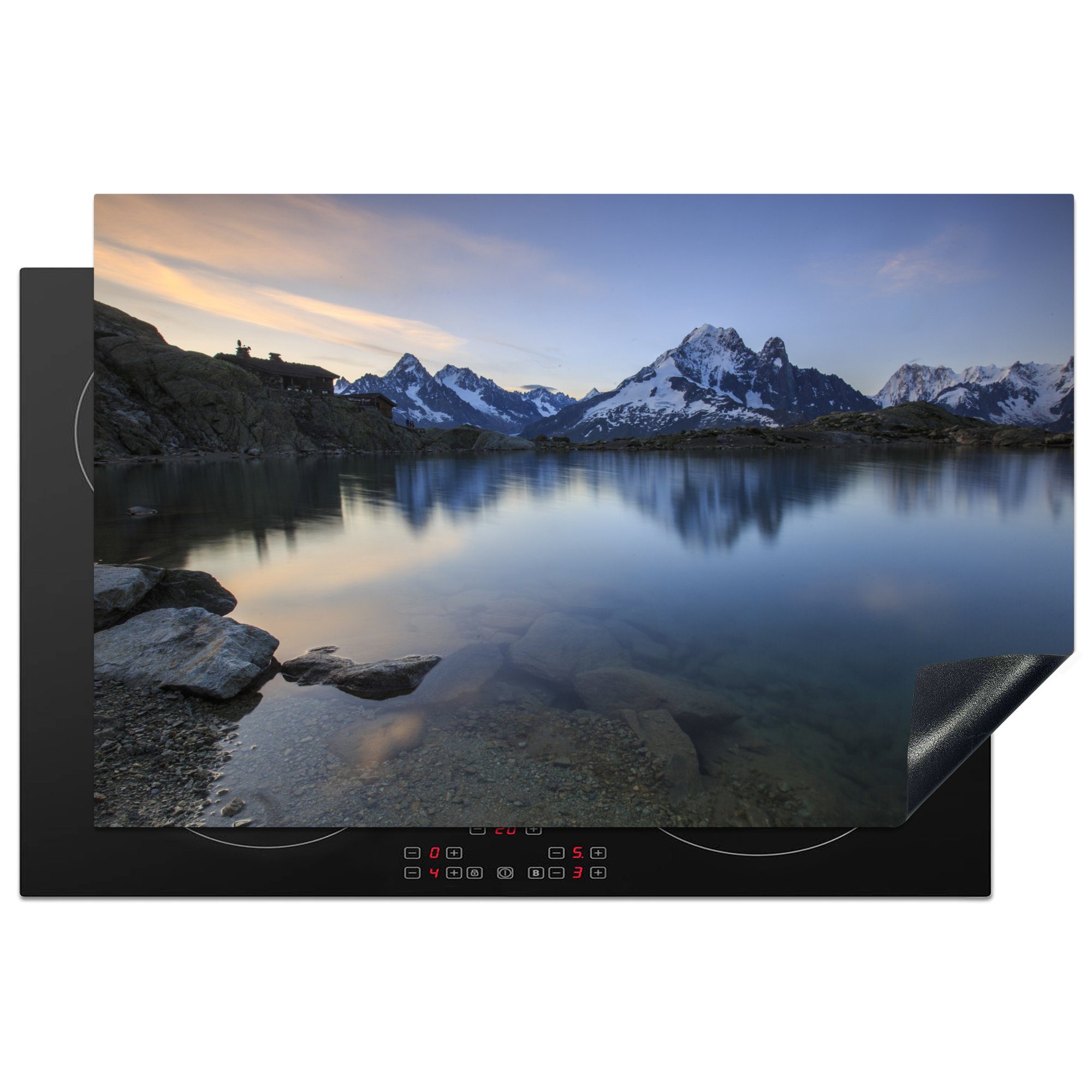 MuchoWow Herdblende-/Abdeckplatte Wunderschöne Aussicht auf den Mont Blanc vom See aus, Vinyl, (1 tlg), 81x52 cm, Induktionskochfeld Schutz für die küche, Ceranfeldabdeckung