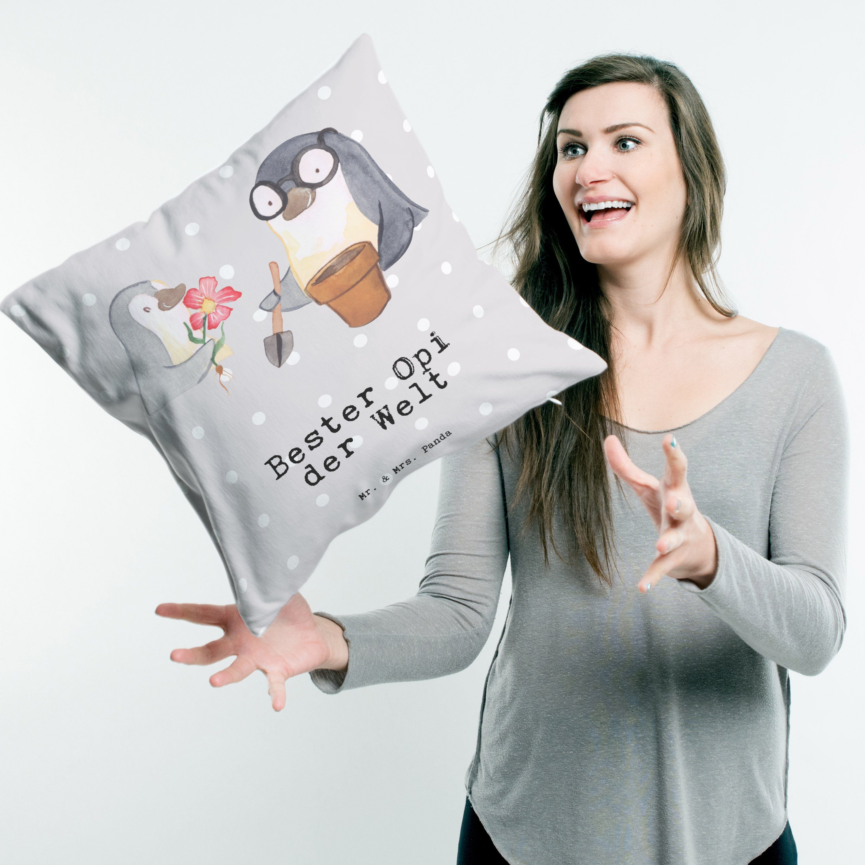 Mr. & Mrs. Panda Dekokissen Bester Bedanken, Pinguin - der Geschenk, Klei - Opi Pastell Welt Grau