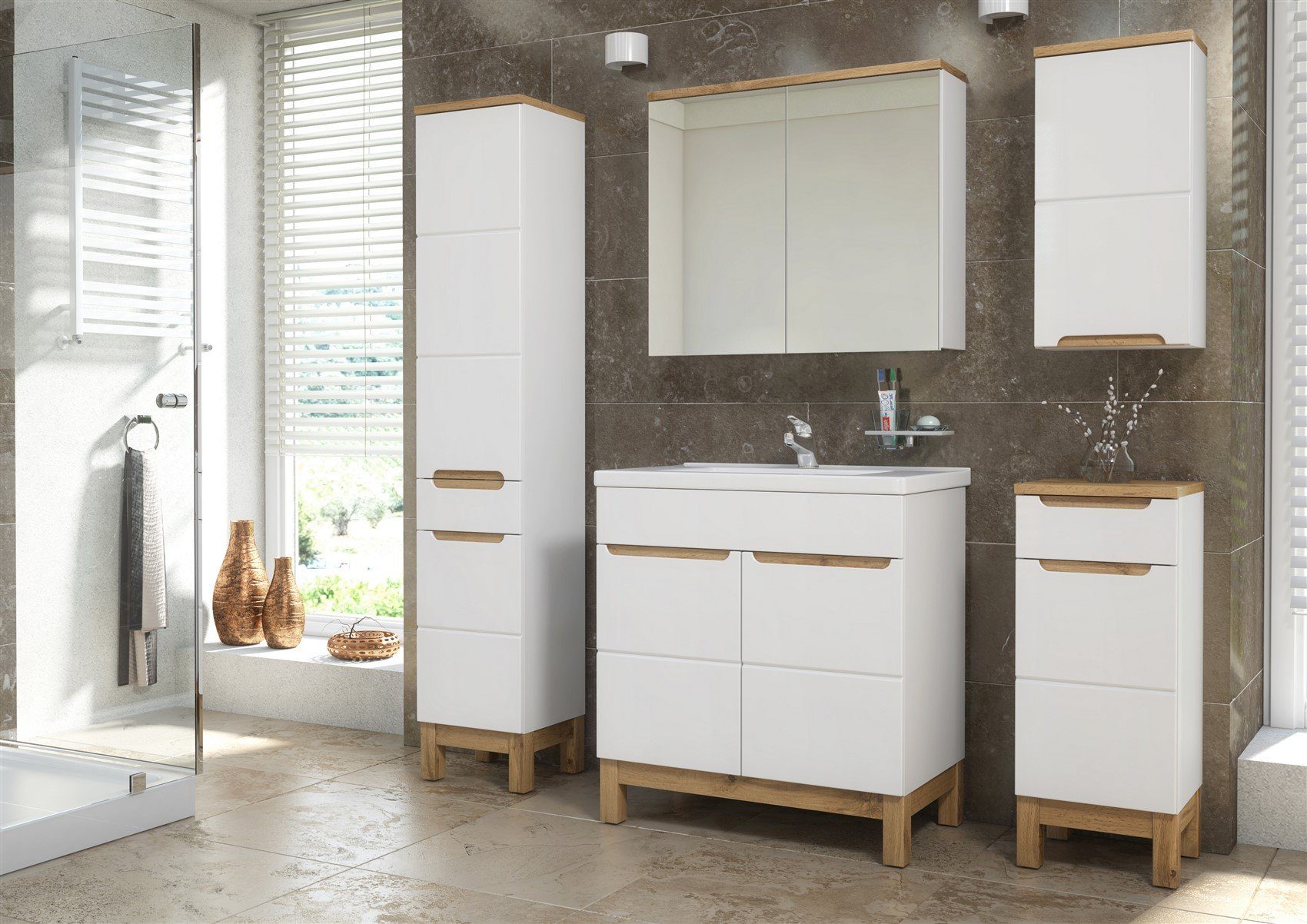 Badmöbel-Set Badmöbel Set 5-tlg Badezimmerset DEVI Weiss HGL Waschtisch 80 cm