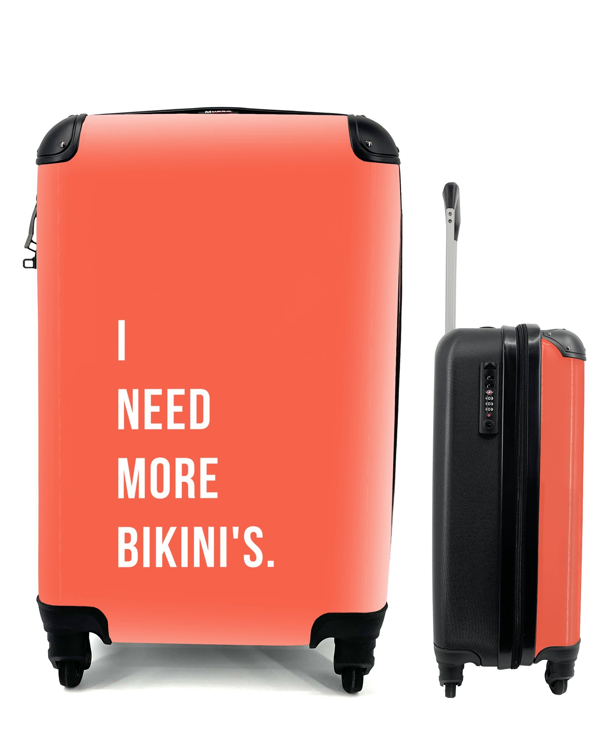MuchoWow Handgepäckkoffer Ich brauche mehr Bikinis - Zitat - Orange, 4 Rollen, Reisetasche mit rollen, Handgepäck für Ferien, Trolley, Reisekoffer