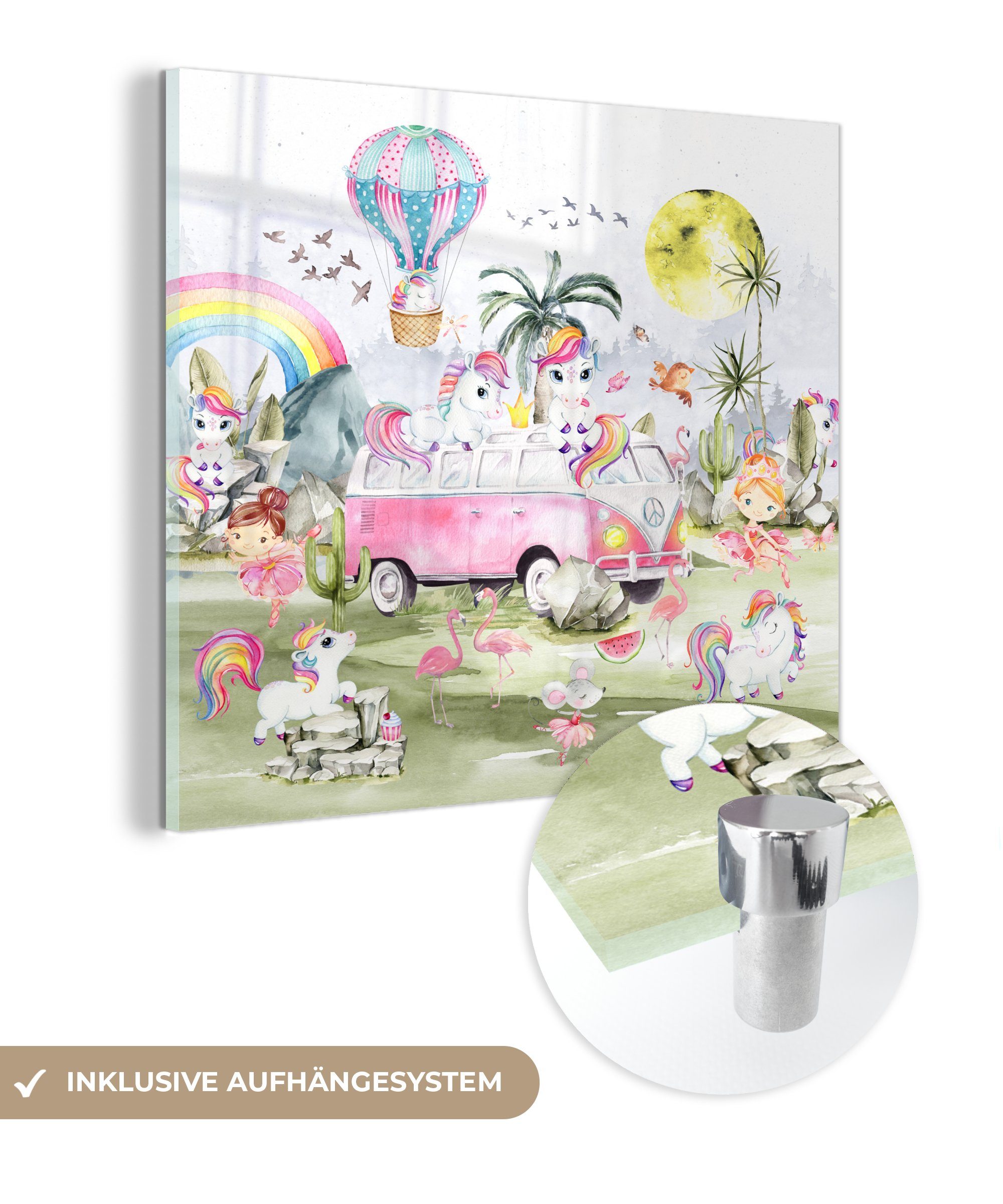 MuchoWow Acrylglasbild Einhorn - Regenbogen - Kinder - Mädchen - Auto, Inkl. Aufhängung, Bilder auf Glas Wandbild, Wanddeko Wohnzimmer Badezimmer, 20x20 cm
