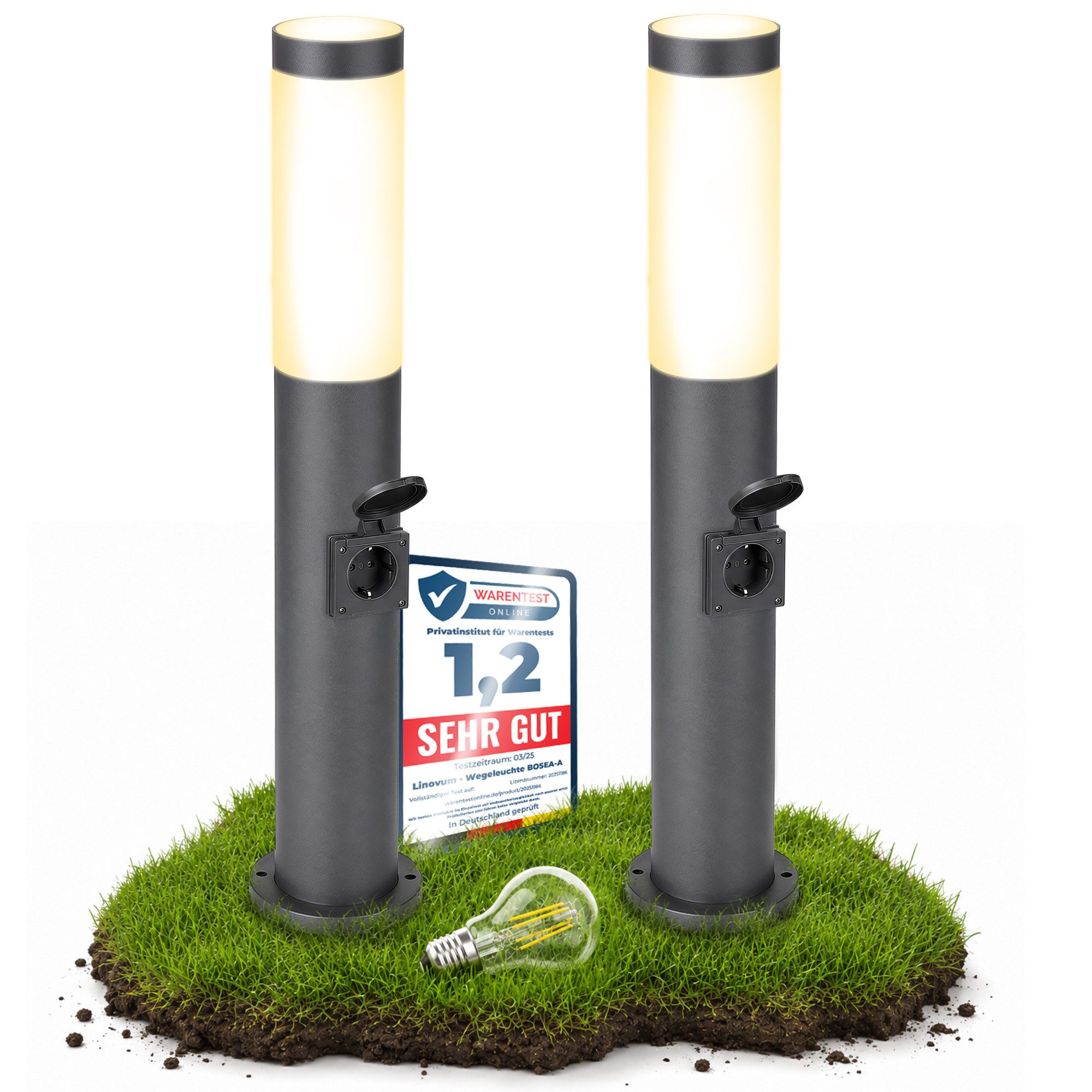 SSC-LUXon LED Pollerleuchte Wegeleuchte BOSEA-S mit Steckdose E27 IP44 LED E27 Birne warmweiß 4W, Warmweiß