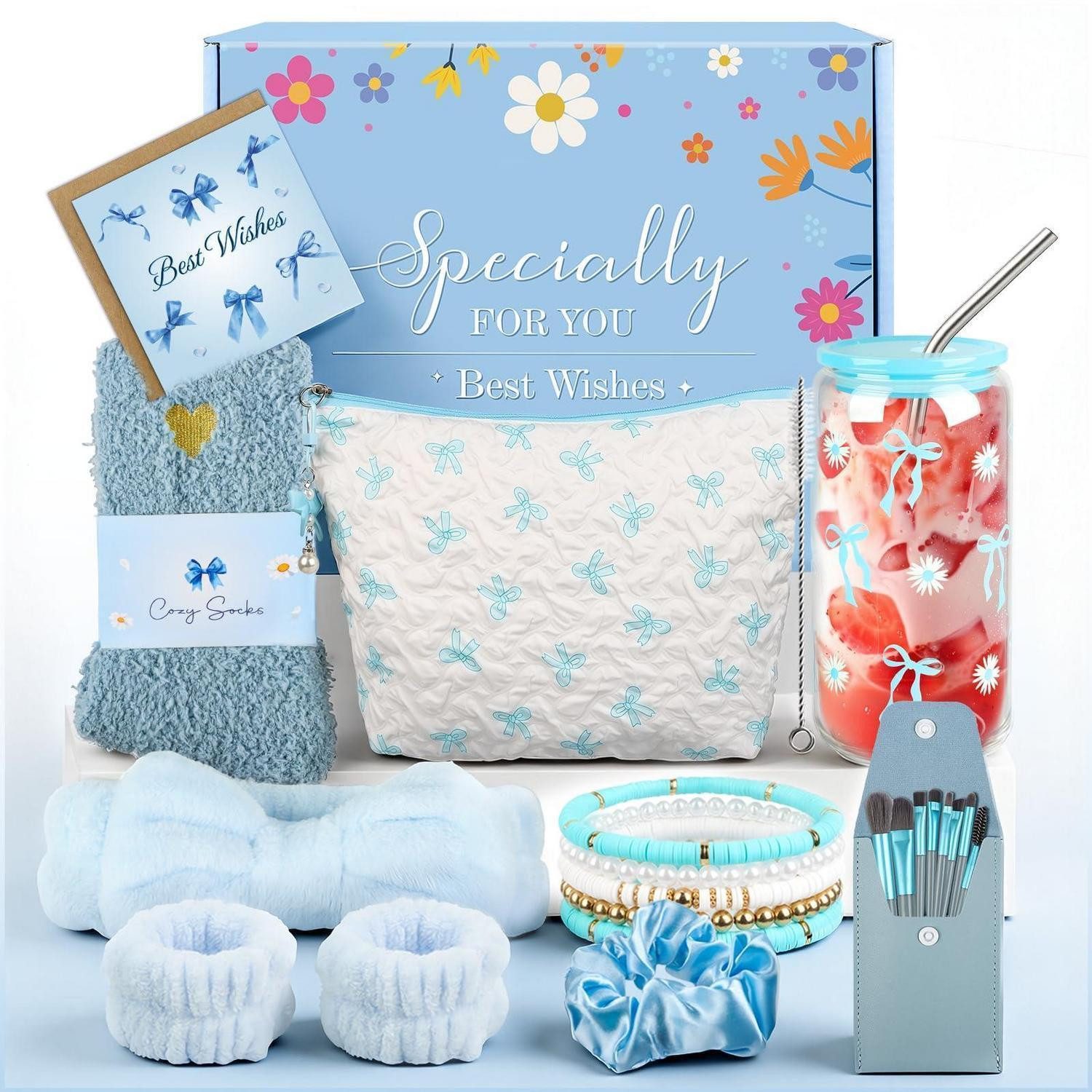 LuxusKollektion Geschenkbox Geschenkset Mädchen Teenager Blau Trinkglas Armband Socken