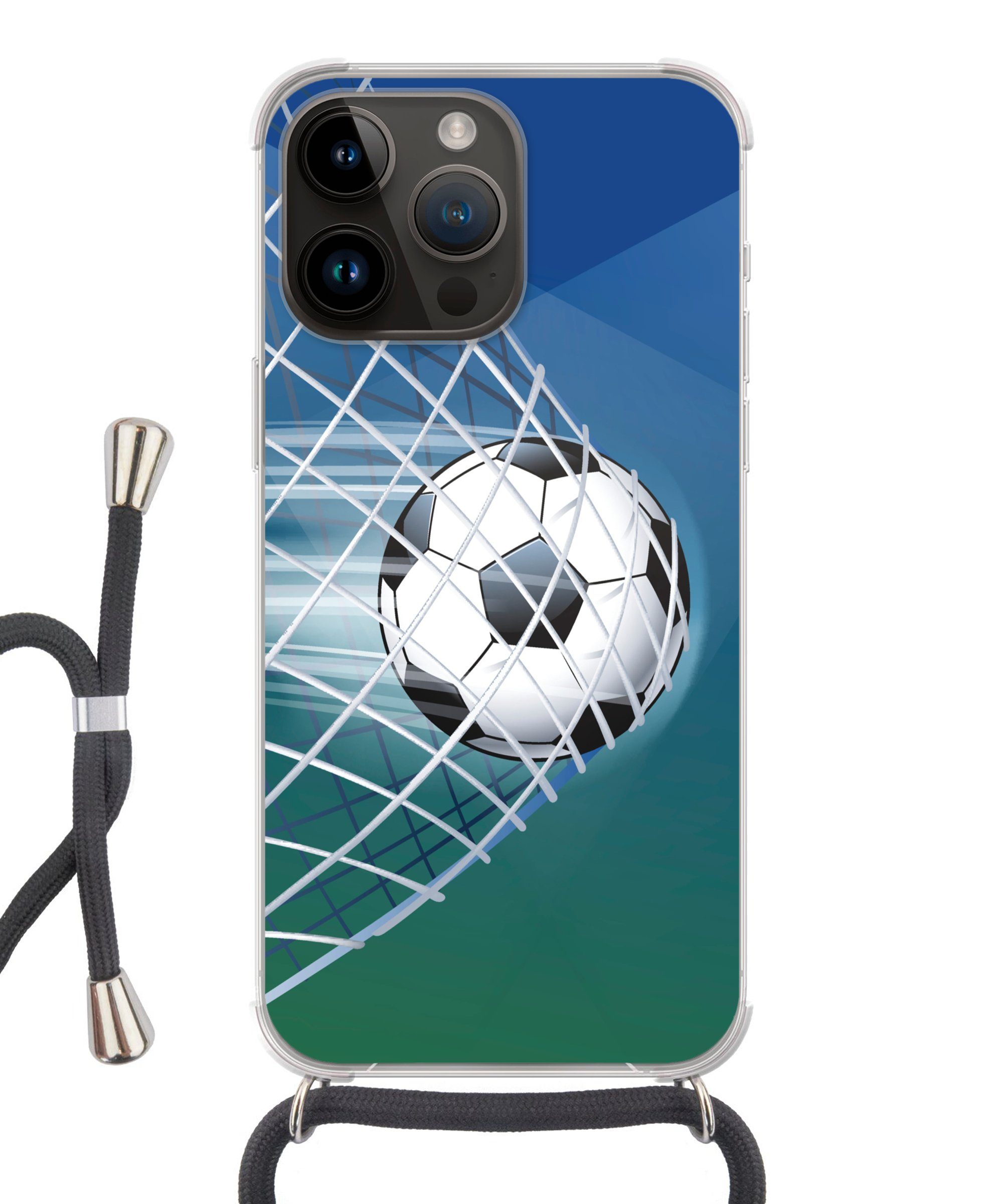 MuchoWow Handyhülle Eine Illustration eines Fußballs im Netz - Jungen - Mädchen - Kinder, Handyhülle Telefonhülle Apple iPhone 14 Pro