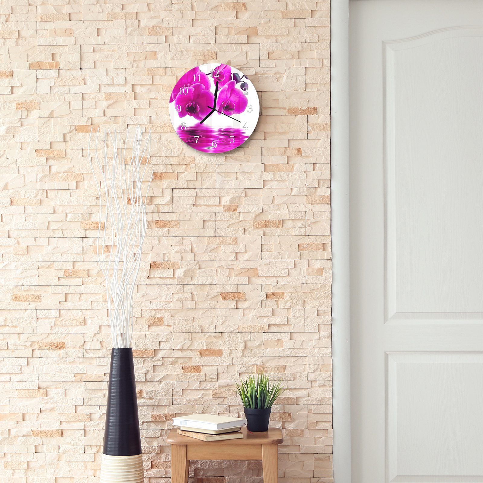 Motiv aus mit Quarzuhrwerk Orchideenblüte mit Durchmesser Glas cm am Primedeco Wasserspiegel Rund - und Wanduhr Wanduhr 30