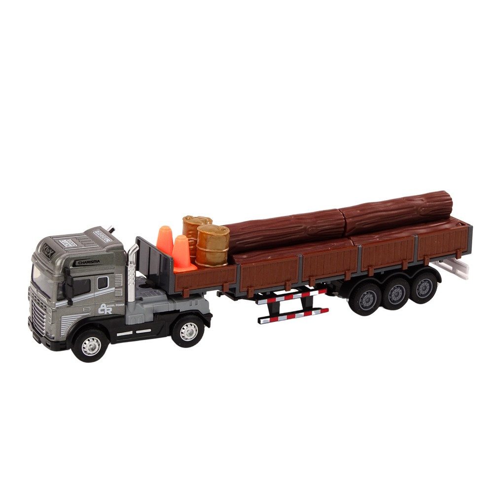 LEAN TOYS Anhänger Holztransporter Sattelzug Spielzeuglaster, Spar-Set, 1-tlg., 38 x 7 x 7 cm beleuchtet, Licht & Sound, Antrieb, abnehmbarer Anhänger, 1:24