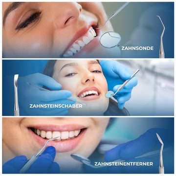 Montegoni Zahnpflege-Set 5er Set für Zahnreinigung Zahnsteinentferner aus Hochwertige Edelstahl, Zahnpflege Set für den Heimgebrauch – Persönliche und Haustier-Mundhygiene, 5-tlg., Zahnsonde Mundspiegel Scaler