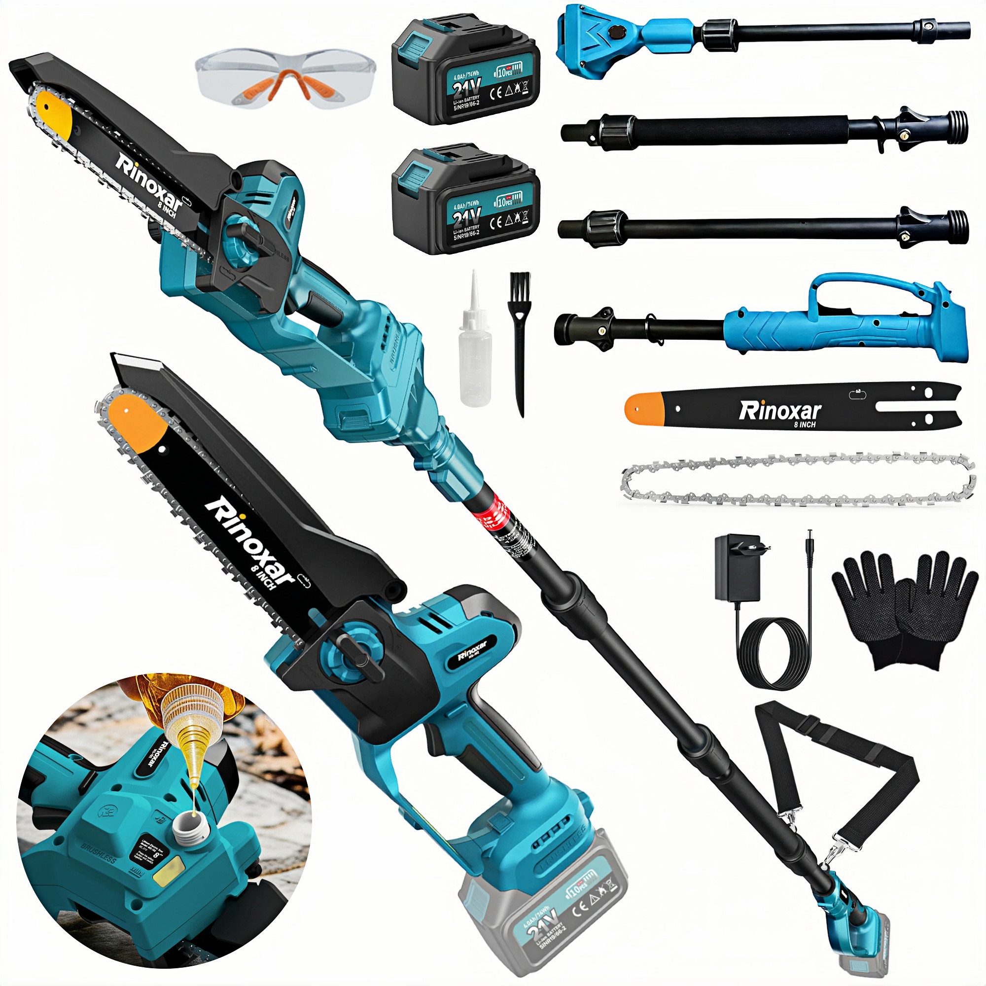 Rinoxar Akku-Kettensäge 6''/8''/12'' Elektro-Kettensäge, 1300W Bürstenloser Handkettensäge, 2*4000mAh Akku, Bürstenlosem Motor, für Gartenarbeit, Holzschneidenz