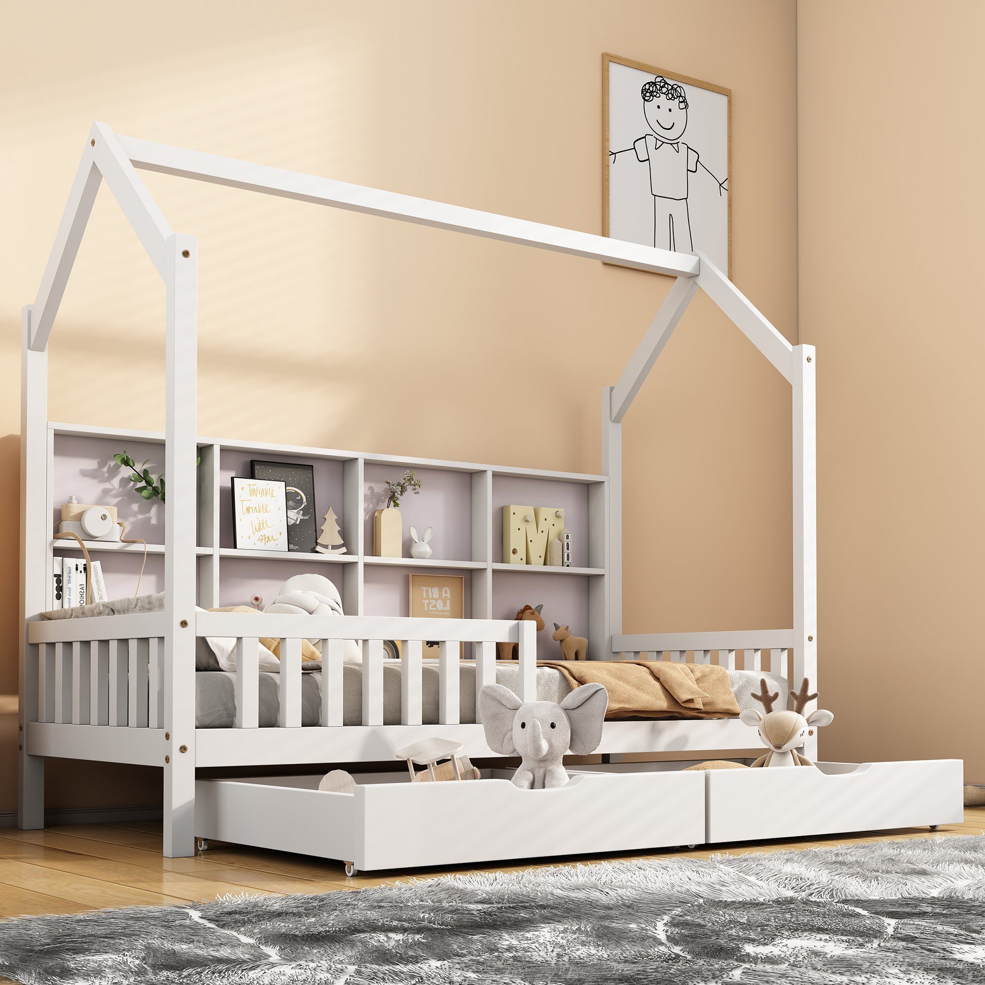 SOFTWEARY Kinderbett Hausbett mit Einzelbett und inkl. Holzbett Schubladen, Kiefer, Regal Lattenrost (90x200 2 cm), Rausfallschutz aus