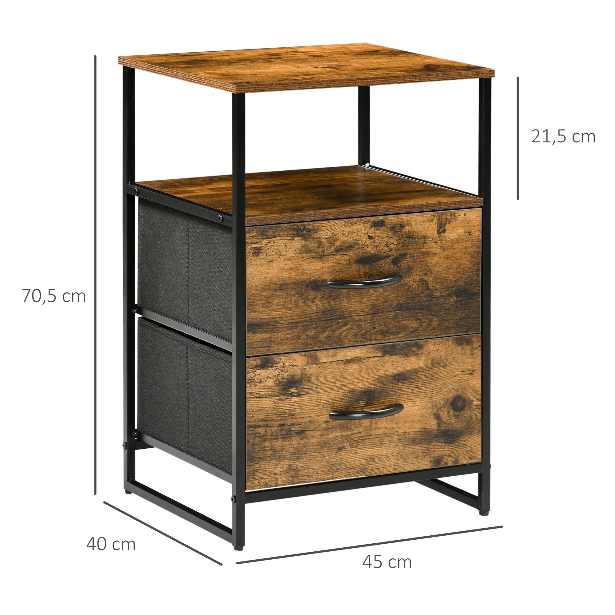 HOMCOM Kommode Aufbewahrungsschrank mit 2 Schubladen aus Stoff, Stahlrahmen (Schubladenschrank, 1 St., mit Regal, Griff), für Wohnzimmer, Schlafzimmer, Rustikal-Braun