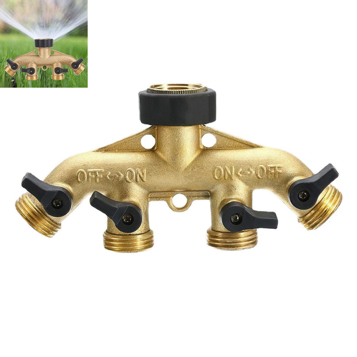 DOPWii Anschlussstück 4-Wege Verteiler, 3/4 Zoll Wasseranschluss Gartenschlauchverteiler, (1-tlg), verstellbar, aus hochfestem Messing, geeignet für die Bewässerung