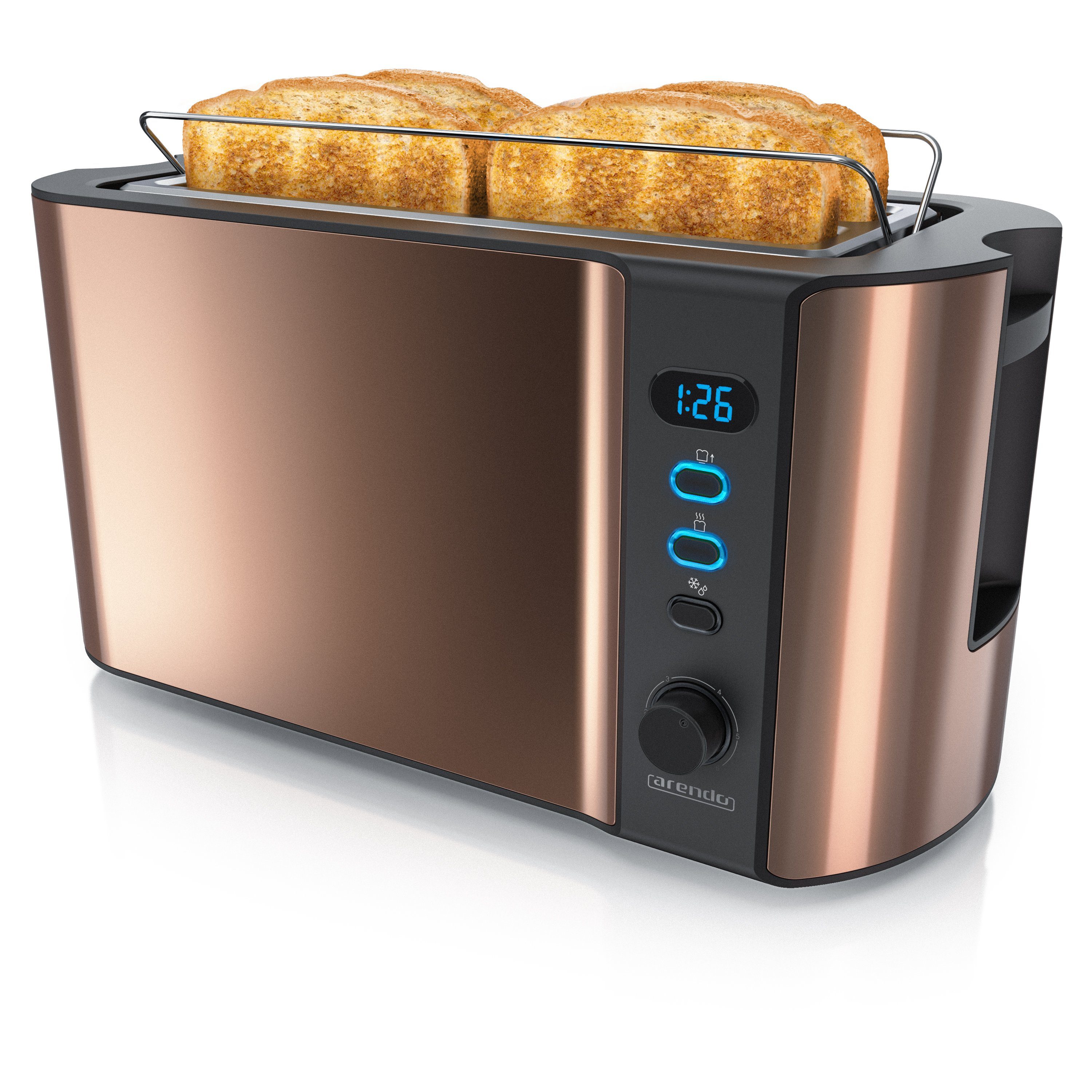 Arendo Toaster, 2 lange Schlitze, für 4 Scheiben, 1500 W, Langschlitz, Brötchenaufsatz, Wärmeisolierendes Gehäuse, Display Kupfer