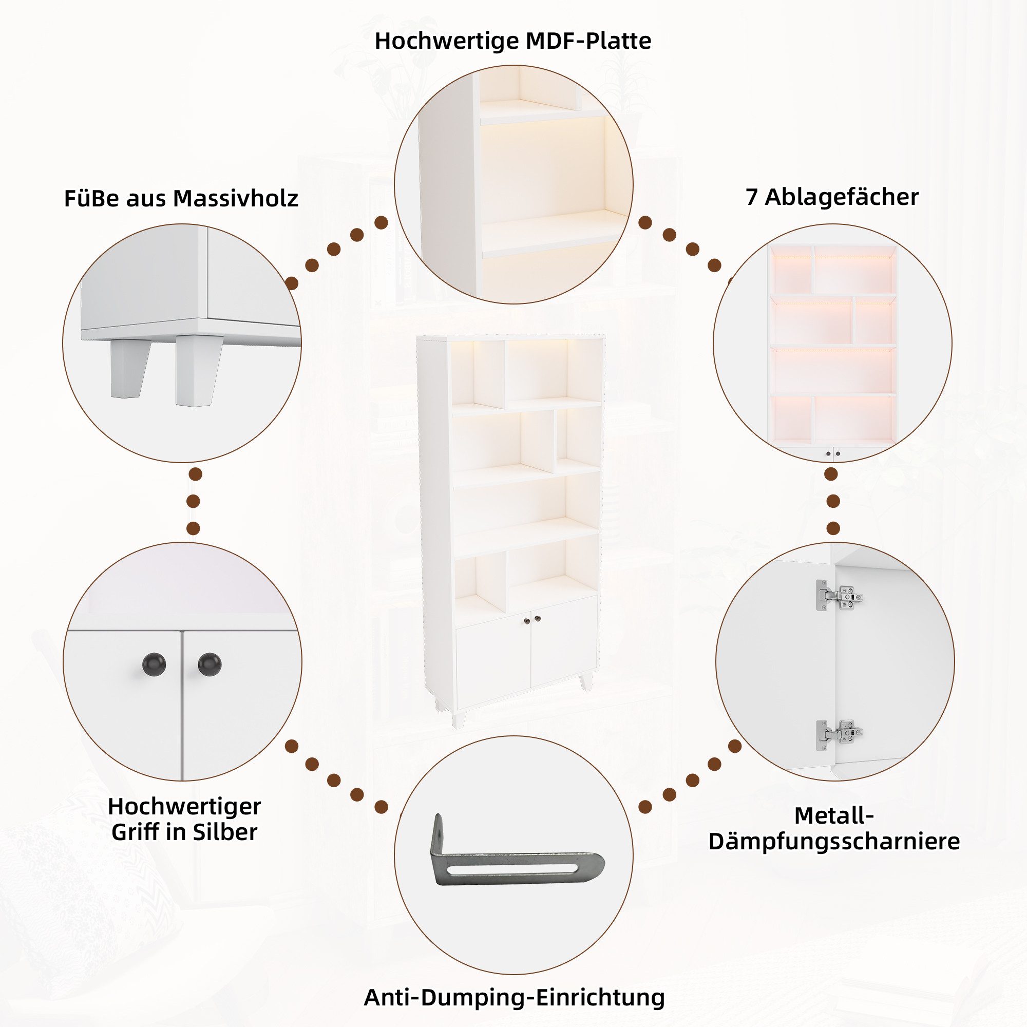 Flieks Bücherregal Hochschrank mit LED-Beleuchtung Mehrzweckschrank Holz, B80/T30/H173 cm 1-tlg., Standregal Büroregal Bücherschrank mit 7 offenen Fächern und 2 – Bild 5 von 5
