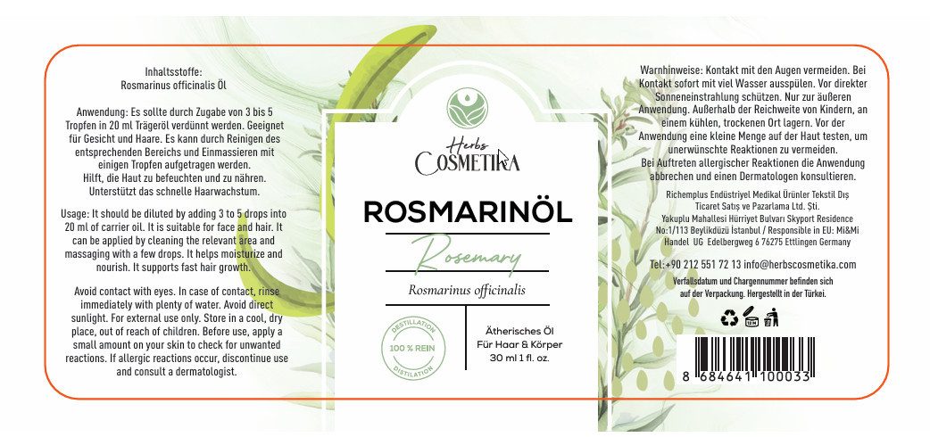 Herbs Cosmetica Haaröl Rosmarinöl – 100 % natürlich, rein & vegan, Haut & Haarpflege, 30 ml, vegan tierversuchsfrei ohne Zusätze ohne synthetische Duftstoffe