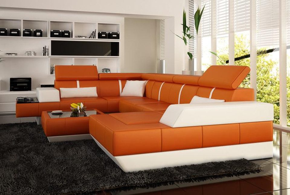 JVmoebel Ecksofa Moderne Ledercouch mit USB-Anschlüssen und Poster Ecke Design, Made in Europa