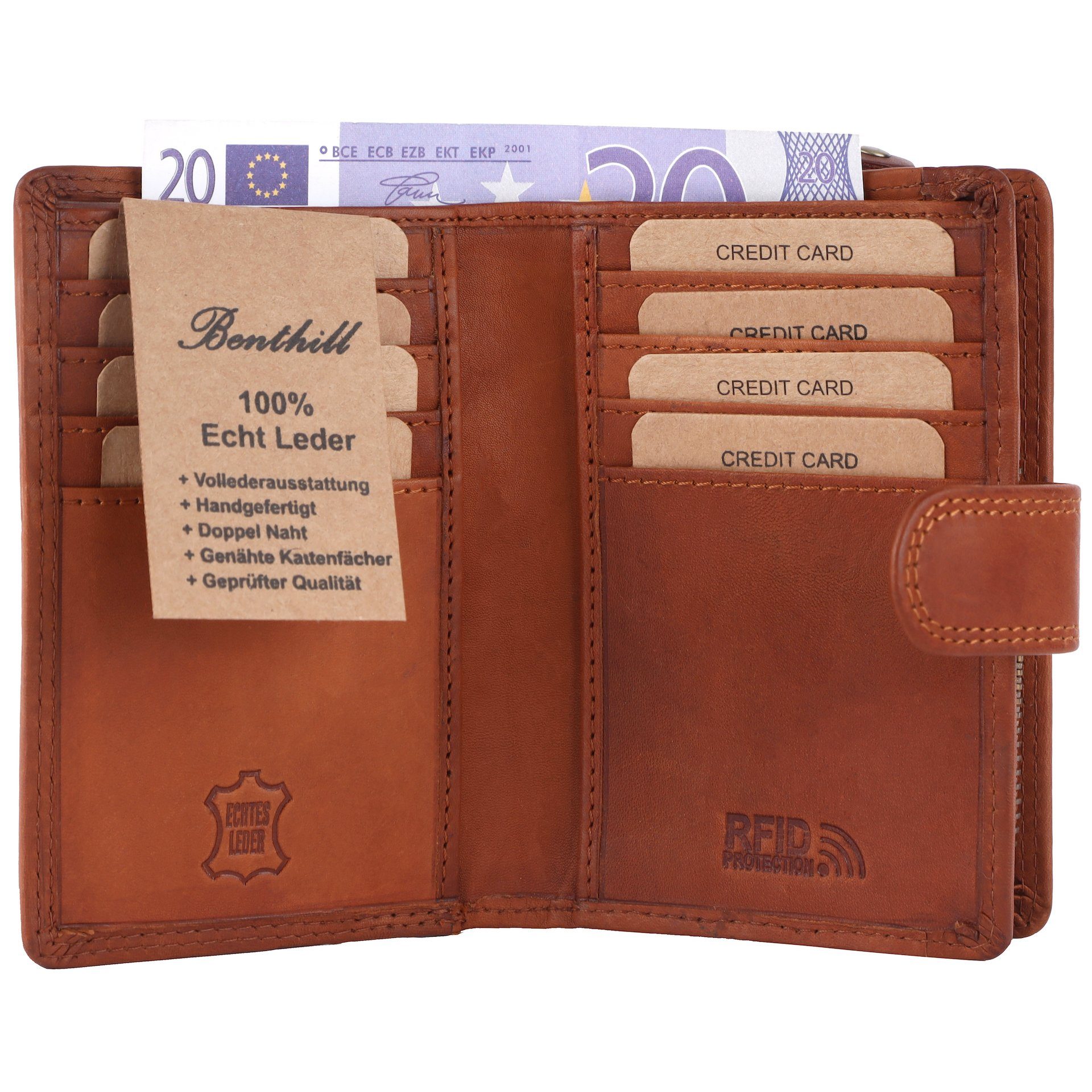 Klein Münzfach Portemonnaie Braun Kompakt, Benthill Kartenfächer Geldbörse Vintage Leder Echt RFID Reißverschlussfach Damen Kleines RFID-Schutz
