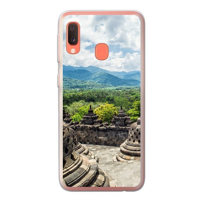 MuchoWow Handyhülle Weiße Wolken über dem Borobudur-Tempel Handyhülle Samsung Galaxy A20e Smartphone-Bumper Print Handy