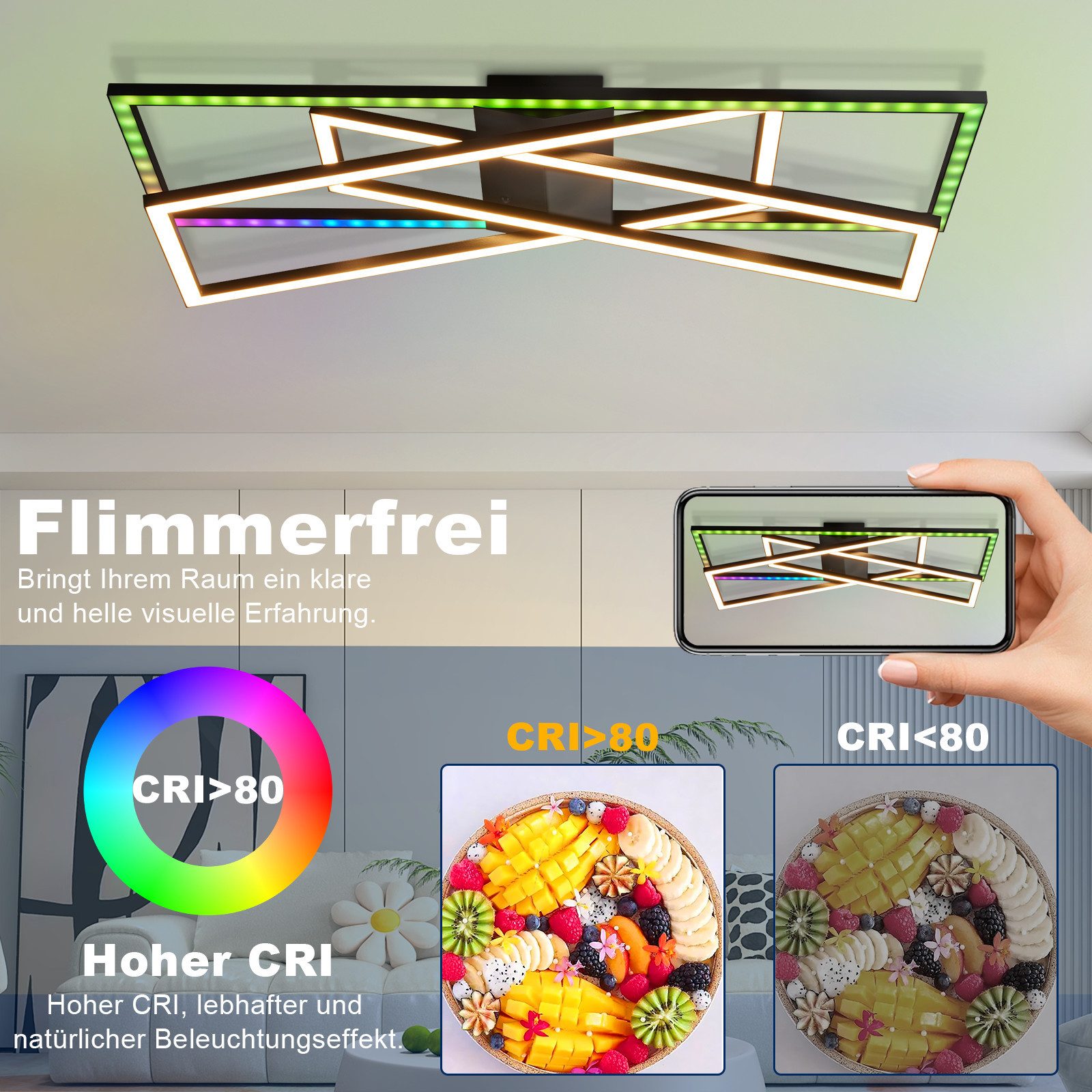 Nettlife LED Deckenleuchte Schwarz RGB Farbwechsel Dimmbar Wohnzimmer 36W Modern Rechteckig, Dimmbar,RGB, für Wohnzimmer,Schlafzimmer,Esszimmer,Küche,Kinderzimm – Bild 5 von 5