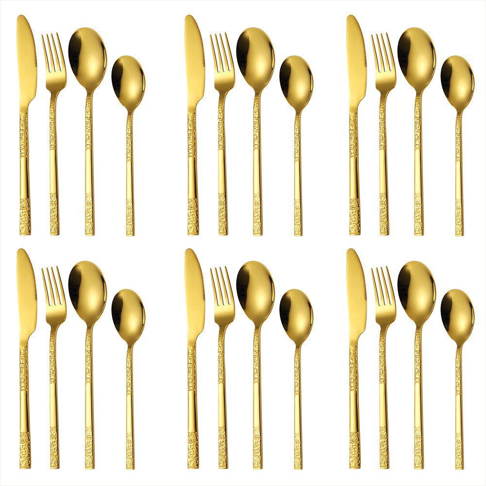 KingLux Besteck-Set 24tlg.Essbesteck Set Rechteckiger Griff mit Steinmaserung (24-tlg), 6 Personen, Edelstahl