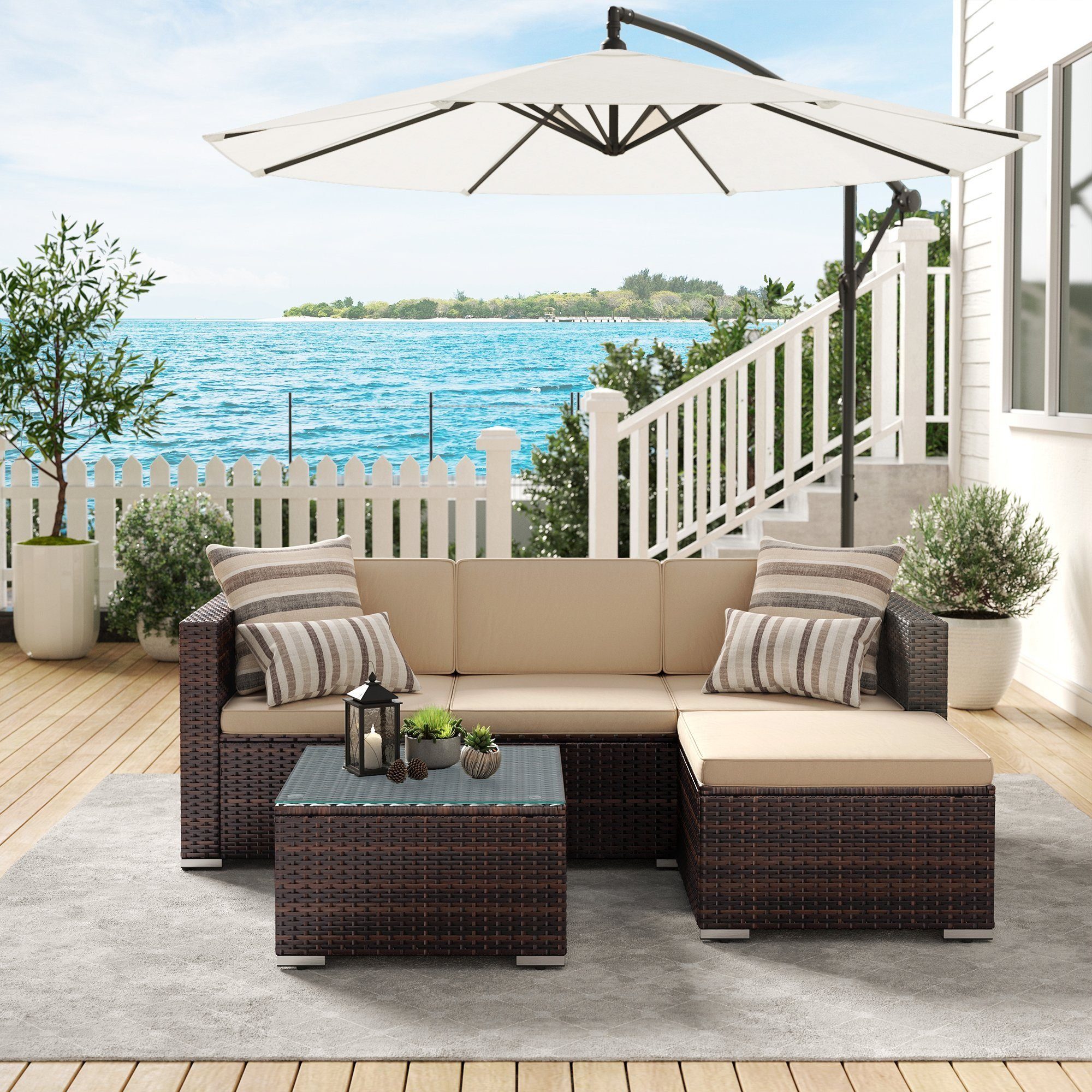 SONGMICS Gartenlounge-Set, (5-tlg), Tisch, Fußhocker und Sofa, mit Kissen