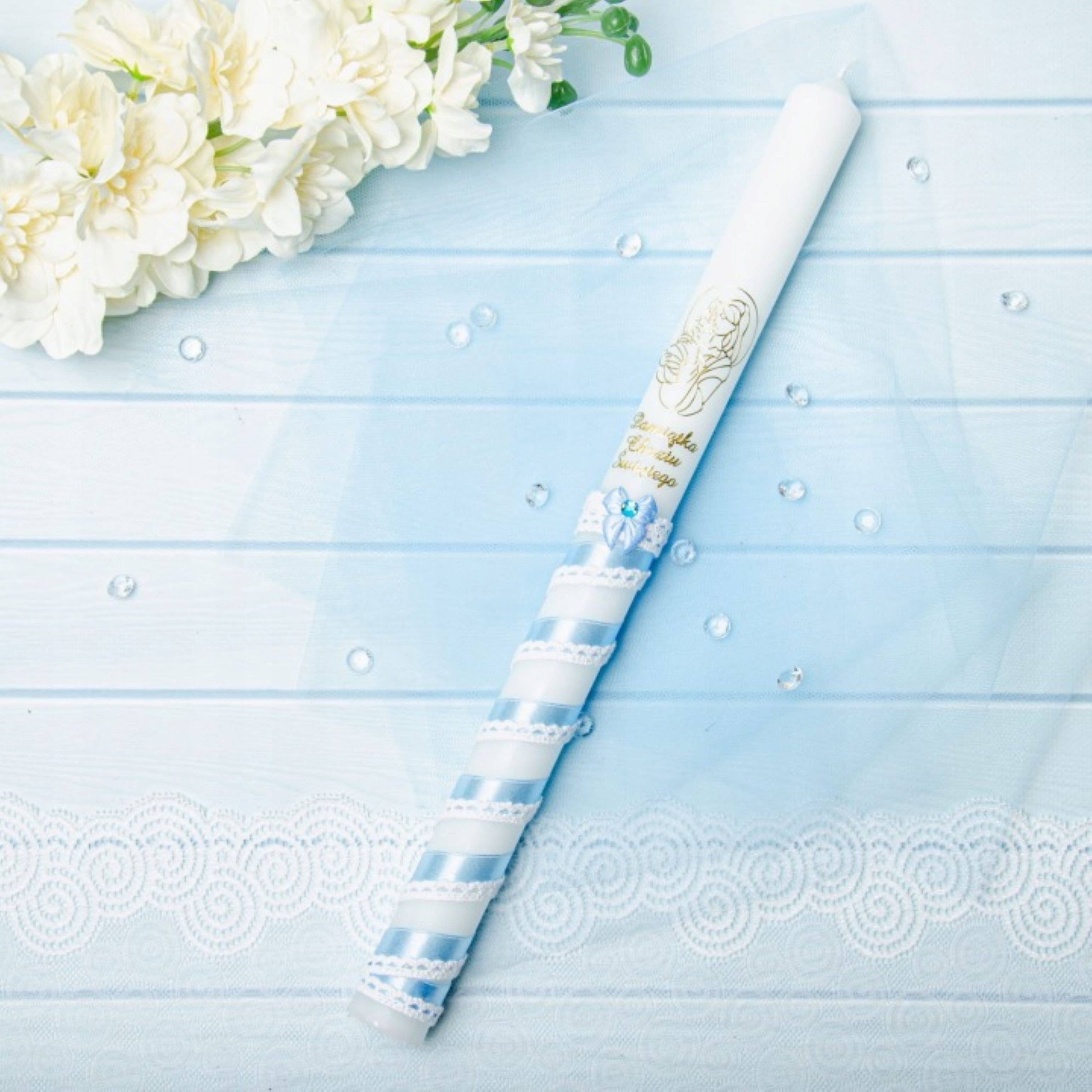 Festivalartikel Taufkarte Taufkerze Junge Blau Gold 40cm Handdekoriert Madonna