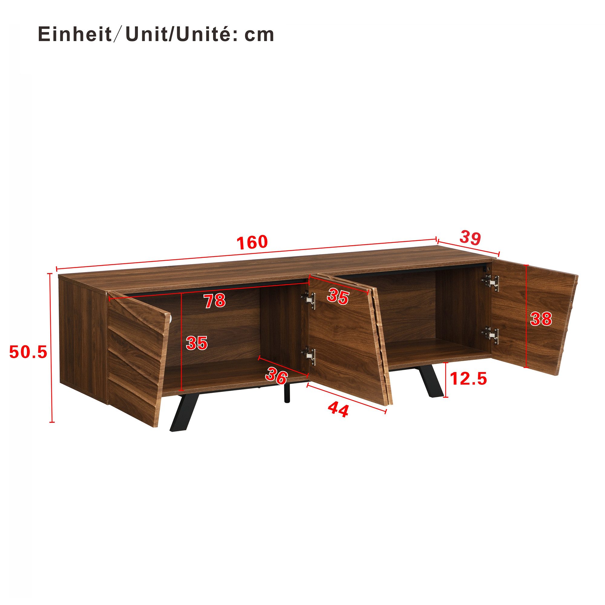 OKWISH Lowboard mit Wellenfront im Walnuss (Packung, 1 St., MDF), mit schwarzen Eisenbeinen, Kabelmanagement und Ablage