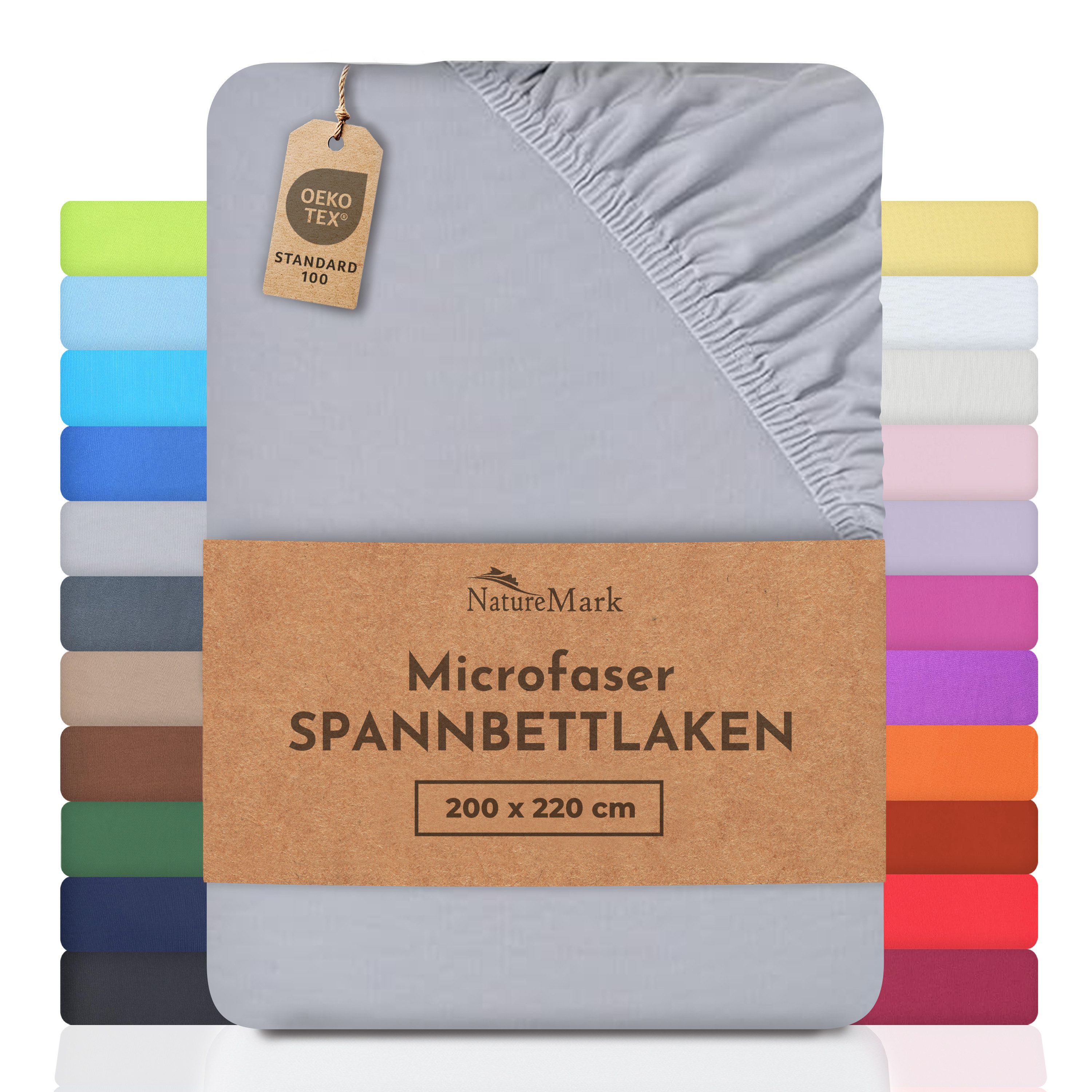 NatureMark Spannbettlaken Mikrofaser Spannbetttuch, Polyester, Gummizug: rundum, viele Größen und Farben Markenware, 200x220 cm, Silber grau