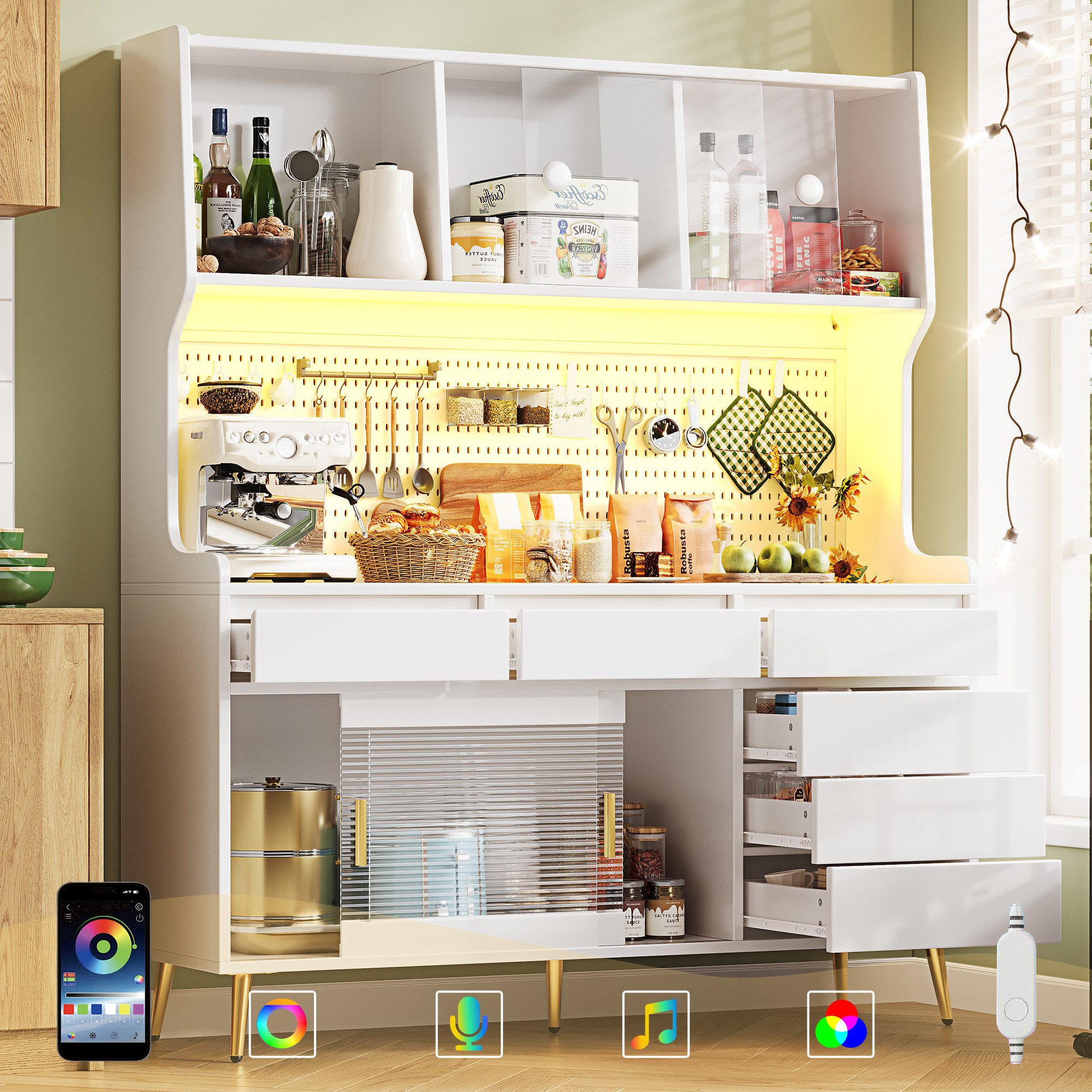 Flieks Küchenbuffet mit LED-Beleuchtung, Lochwand, Glasschiebetüren und 6 Schubladen (1-St., 145x39x171 cm) Hochschrank Küchenschrank Geschirrschrank mit Arbeitsplatte Weiß