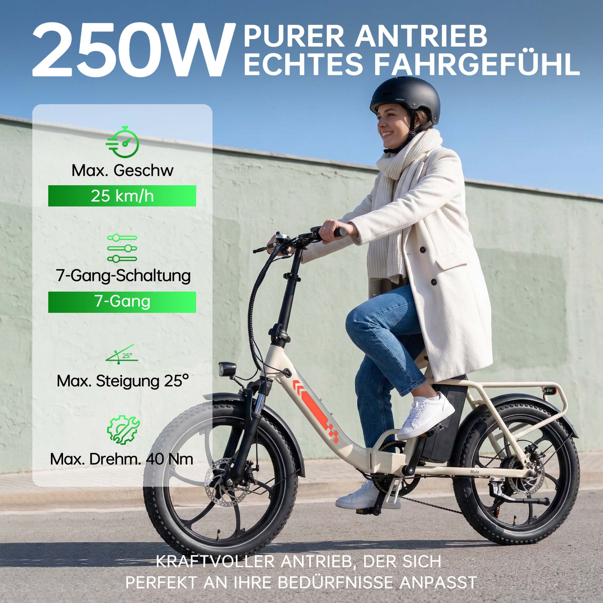 Vankel E-Bike Cityrad Mule Faltbares E-Fahrrad 960WH Pedelec, 48V 20AH 120 km Reichweite, Kettenschaltung, Heckmotor, 960 Wh, Cityrad 7 Gang Shimano,Scheibenbremsen, Kettenschaltung
