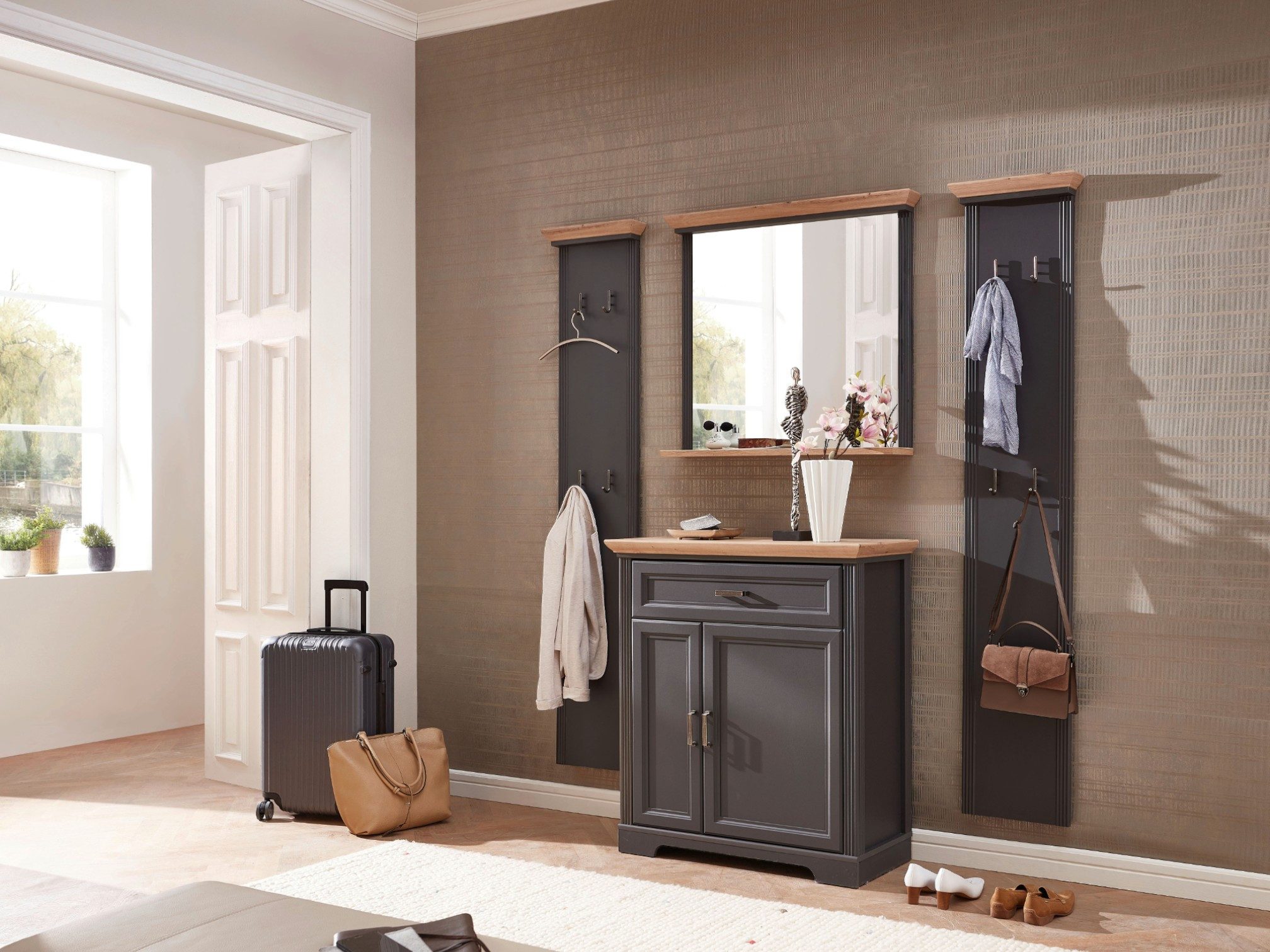 moebel-dich-auf Garderoben-Set FLORENZ Set 3, (Komplettgarderobe, Garderobenpaneel + Spiegel + Schuhkommode), in 2 Farben erhältlich