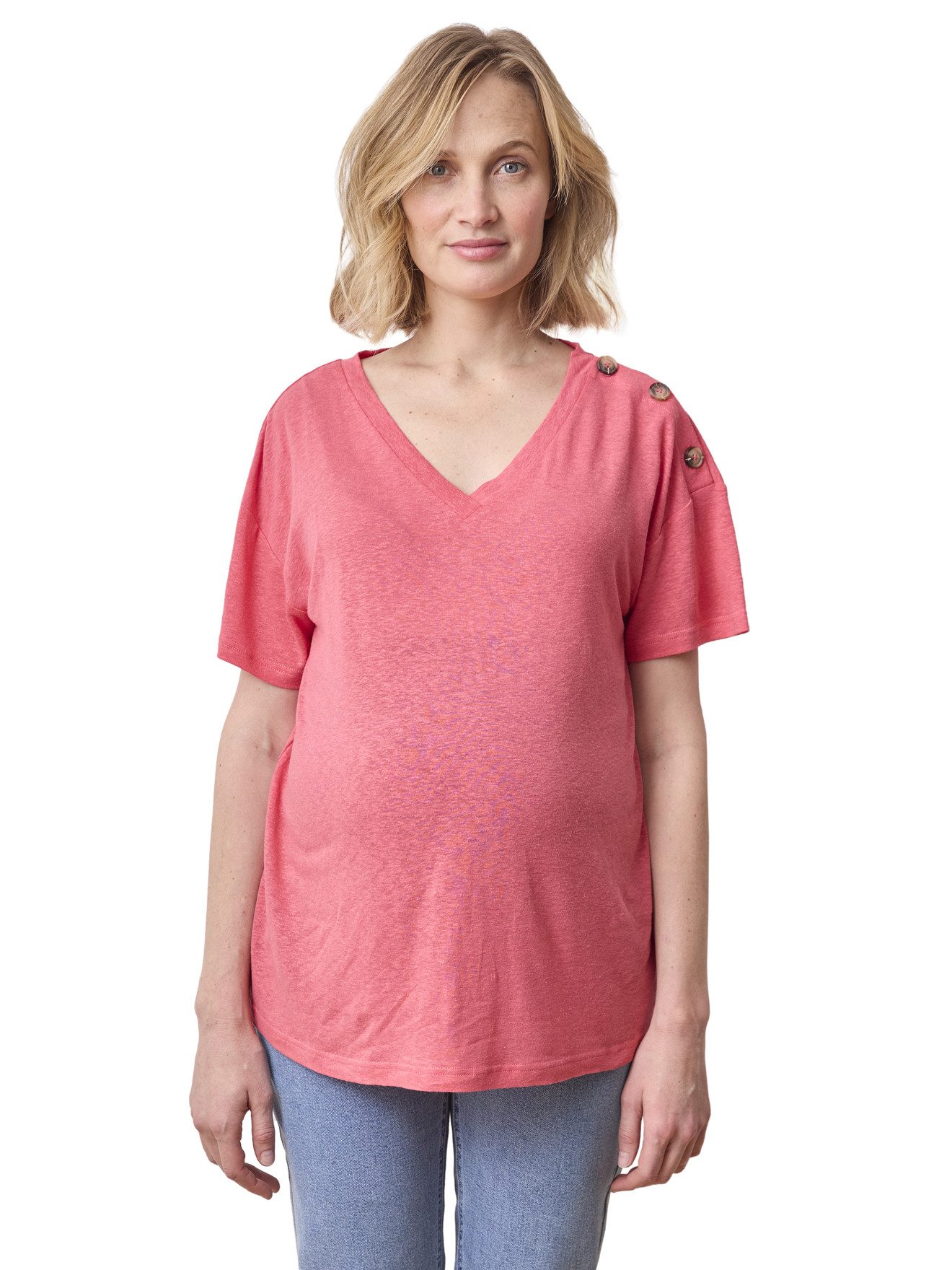Kurzarmshirt Umstands-Shirt mit V-Ausschnitt, Leinen/Viskose