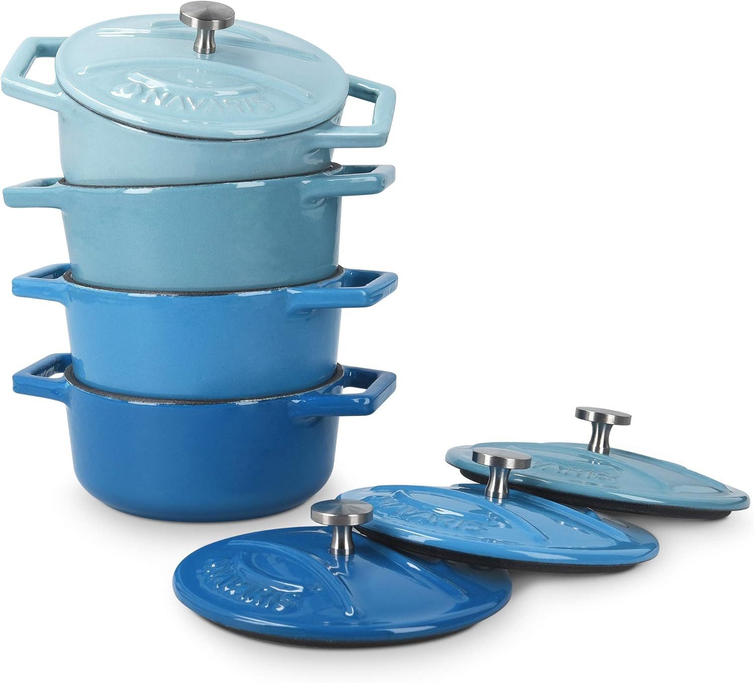 Navaris Serviertopf Navaris Mini Cocotte Set, 4 Gusseisen Töpfe mit Deckel, Blau